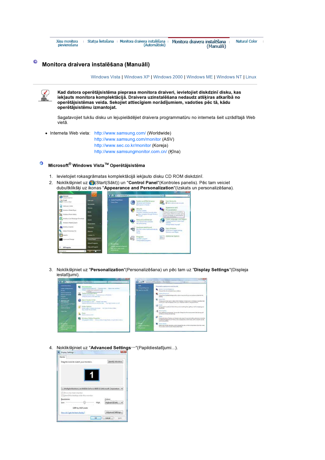 Samsung LS19HANSSB/EDC manual Monitora draivera instalēšana Manuāli, Microsoft Windows Vista Operētājsistēma 