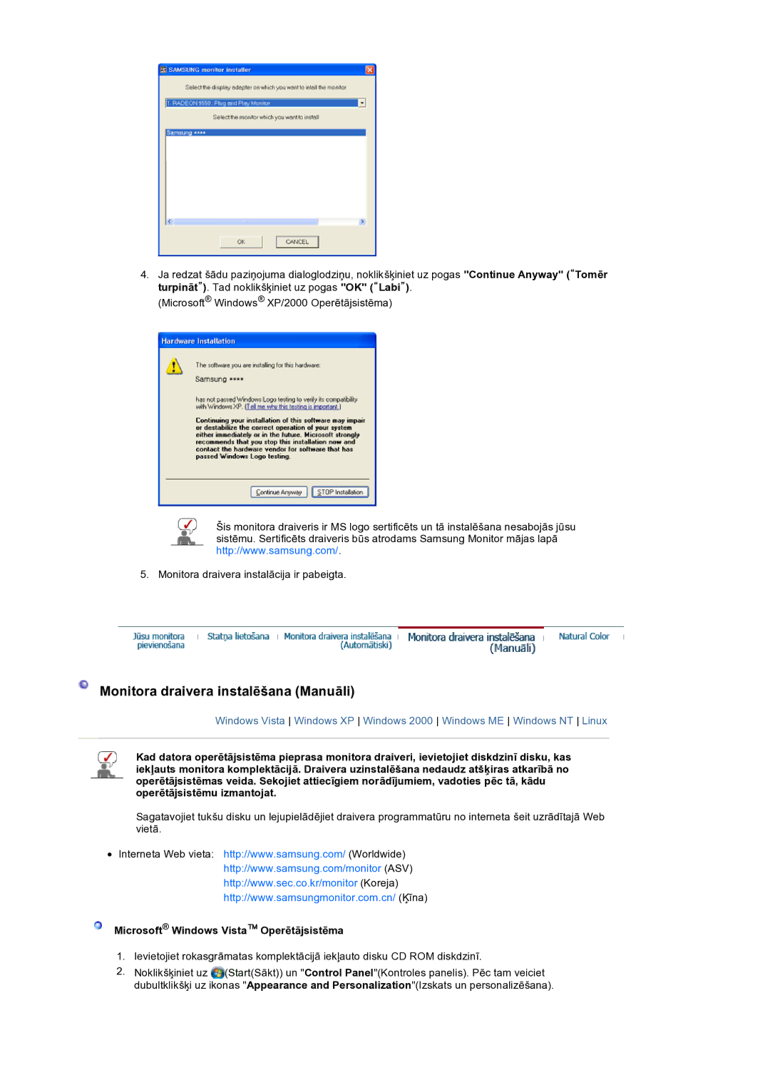 Samsung LS19HANSSB/EDC manual Monitora draivera instalēšana Manuāli 