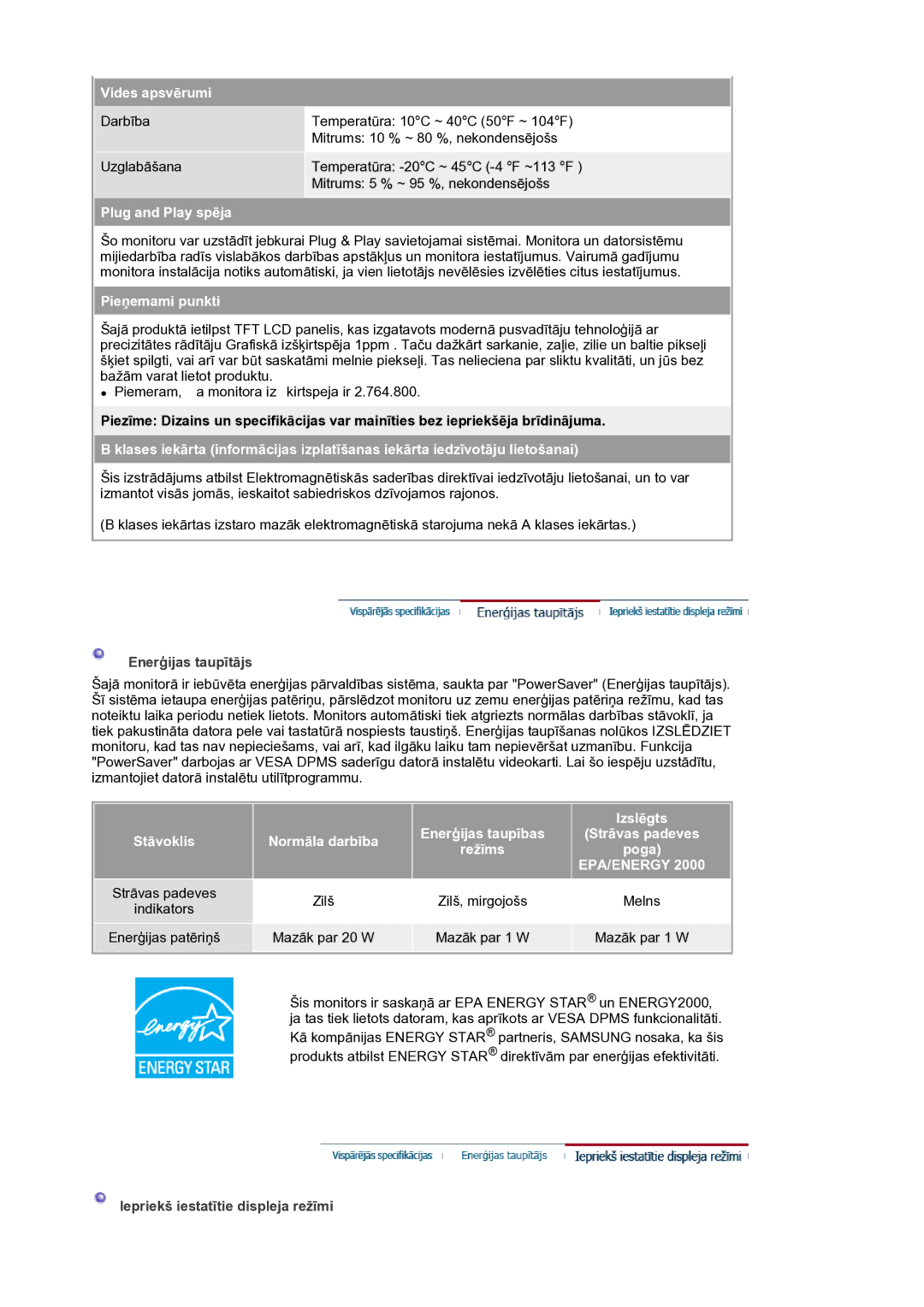 Samsung LS19HANSSB/EDC manual Vides apsvērumi, Plug and Play spēja, Pieņemami punkti, Izslēgts, Poga 