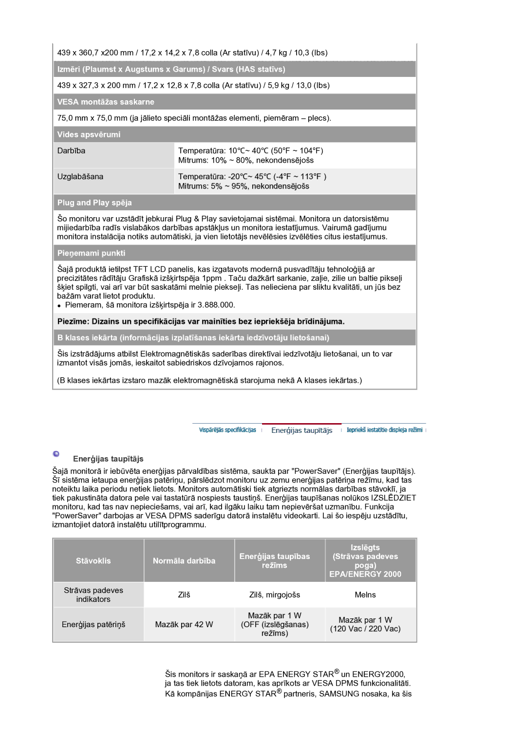 Samsung LS19HANSSB/EDC manual Izmēri Plaumst x Augstums x Garums / Svars has statīvs, Vesa montāžas saskarne 