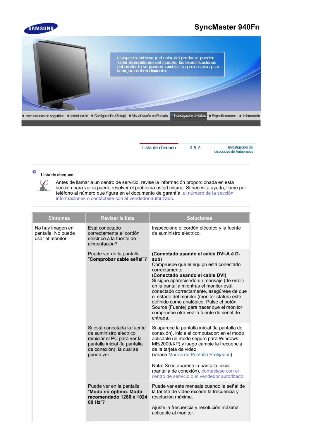 Samsung LS17HATTSQ/EDC, LS19HATESH/EDC, LS19HALKSB/EDC manual Conectado usando el cable DVI-A à D, Comprobar cable señal? sub 