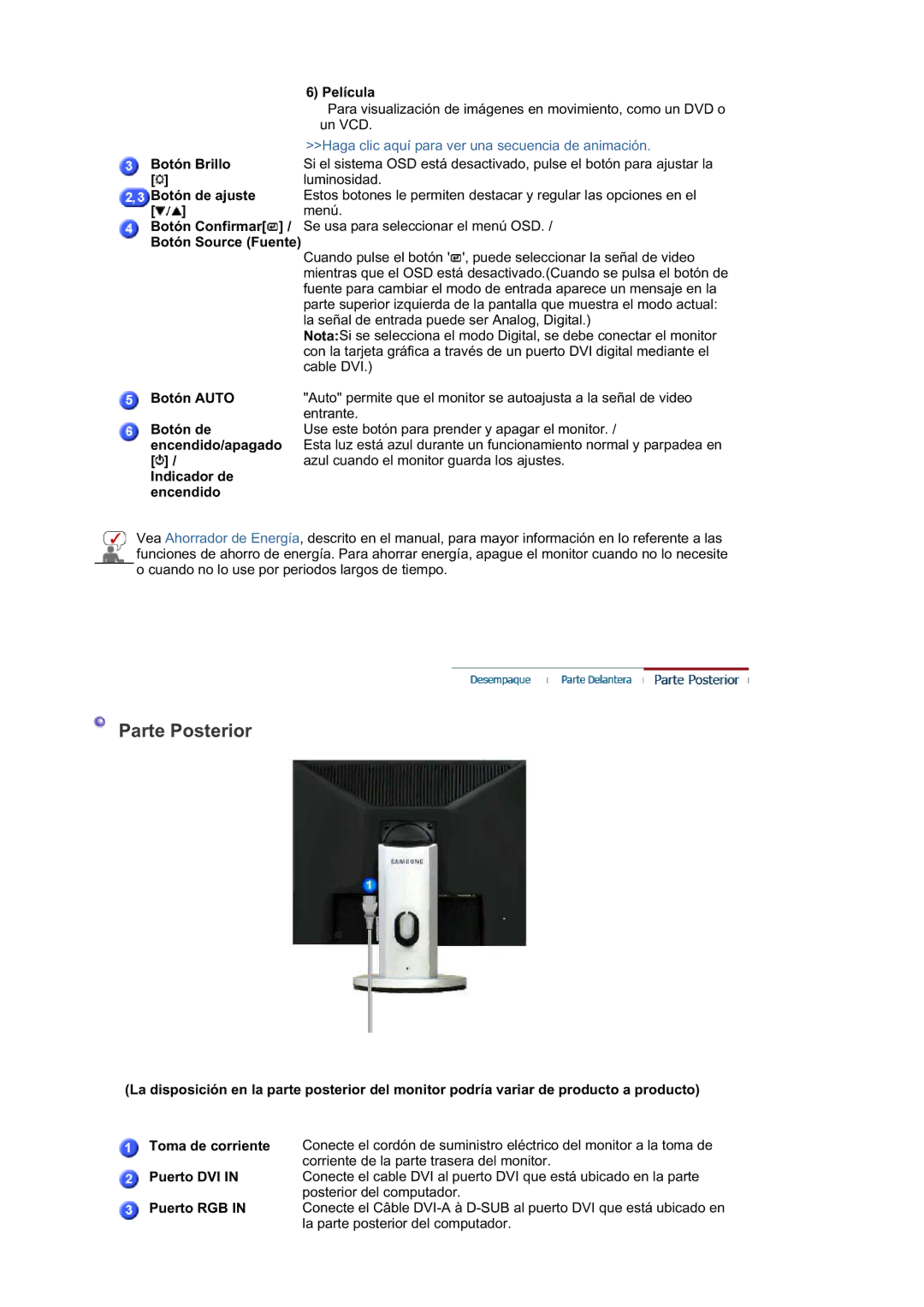 Samsung LS19HAAESB/EDC, LS19HATESH/EDC, LS19HALKSB/EDC, LS17HATTSQ/EDC, LS17HAHESQ/EDC, LS15HAAKS/EDC manual Parte Posterior 