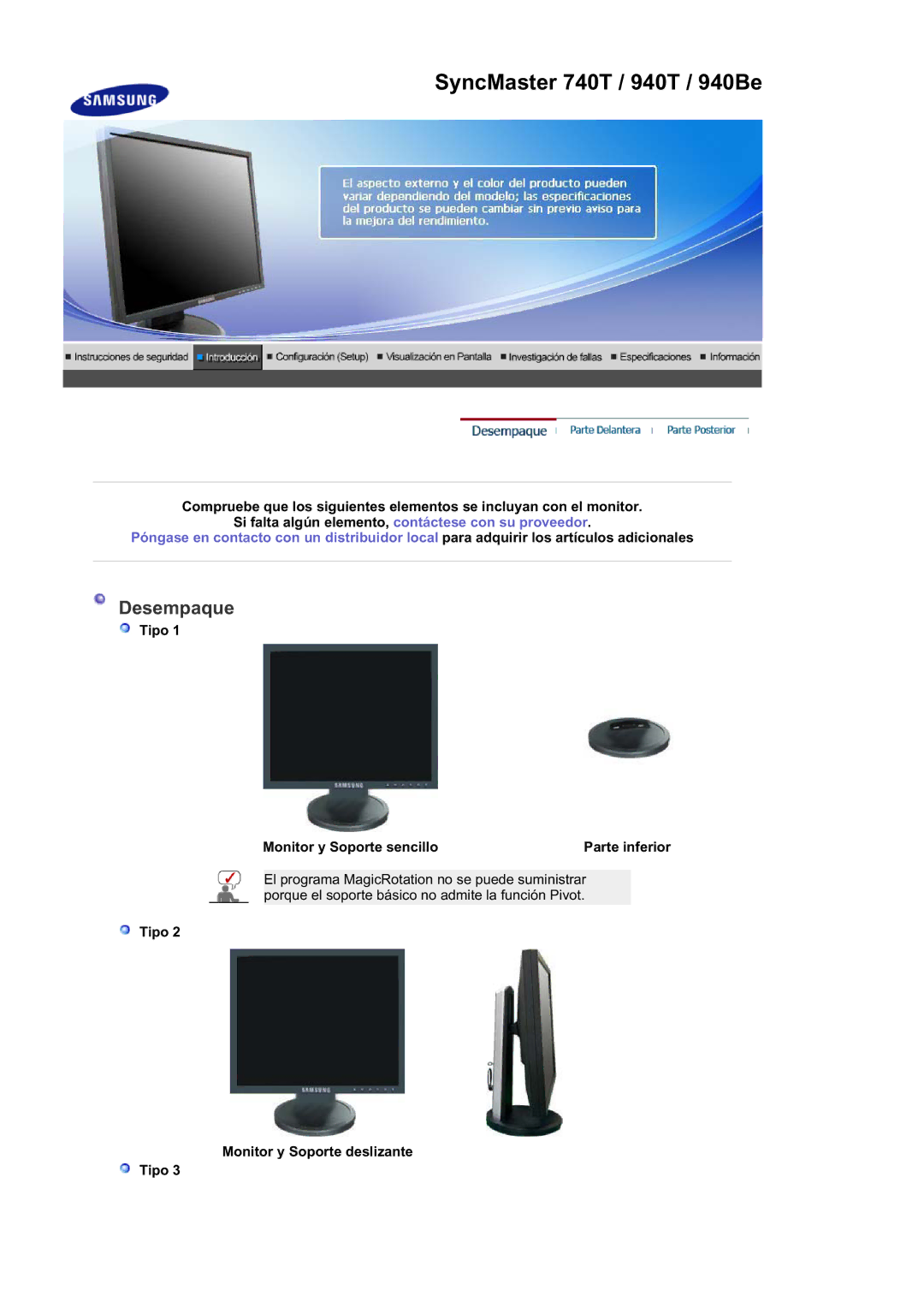 Samsung LS17HAAKS/EDC, LS19HATESH/EDC, LS19HALKSB/EDC SyncMaster 740T / 940T / 940Be, Tipo Monitor y Soporte deslizante 