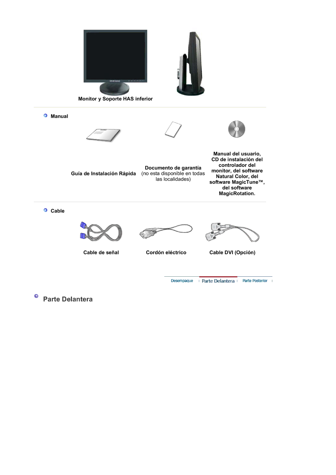 Samsung LS19HATTSQ/EDC, LS19HATESH/EDC, LS19HALKSB/EDC, LS17HATTSQ/EDC, LS17HAHESQ/EDC, LS15HAAKS/EDC manual Parte Delantera 