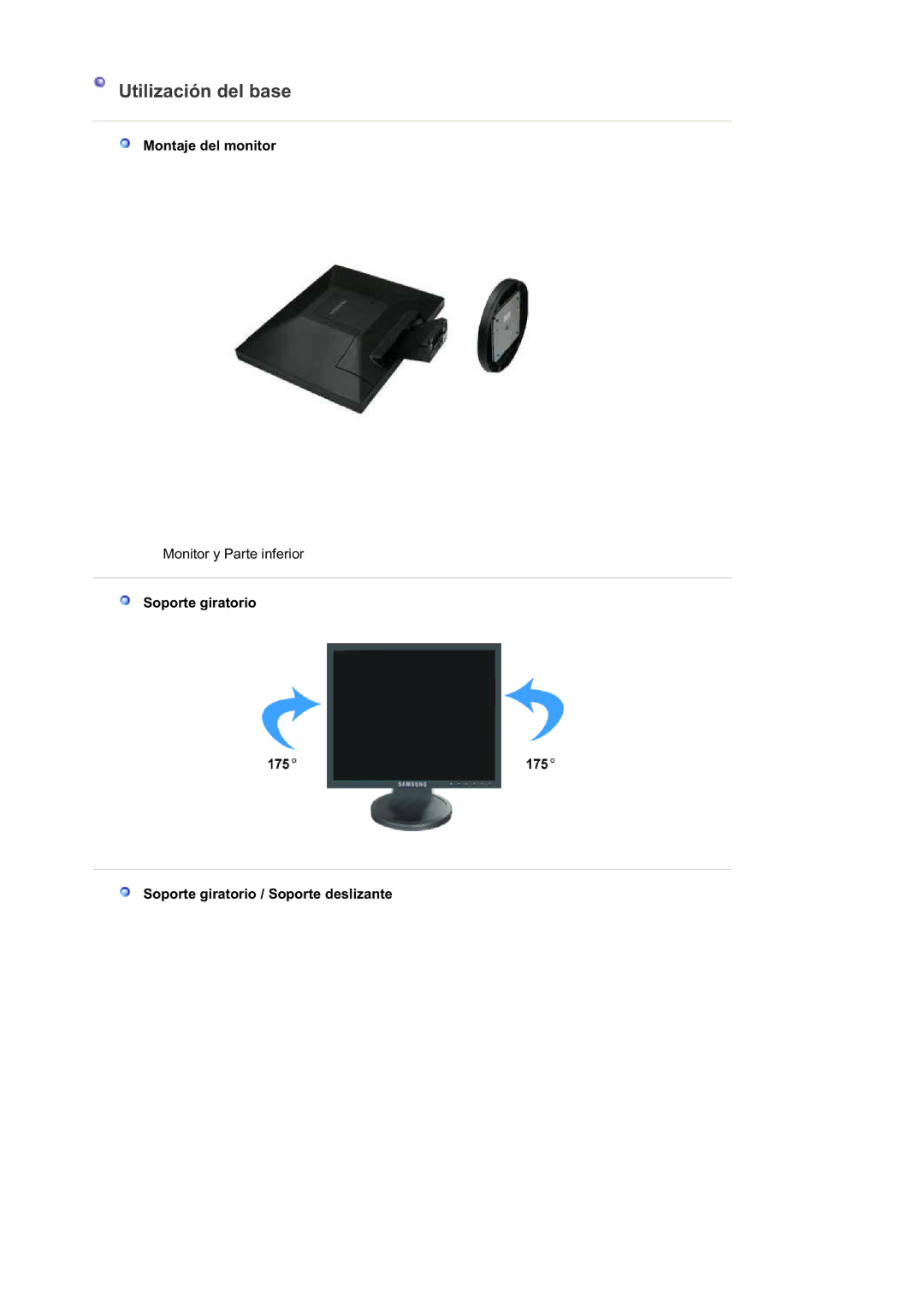 Samsung LS15HAAKS/EDC, LS19HATESH/EDC manual Montaje del monitor, Soporte giratorio Soporte giratorio / Soporte deslizante 