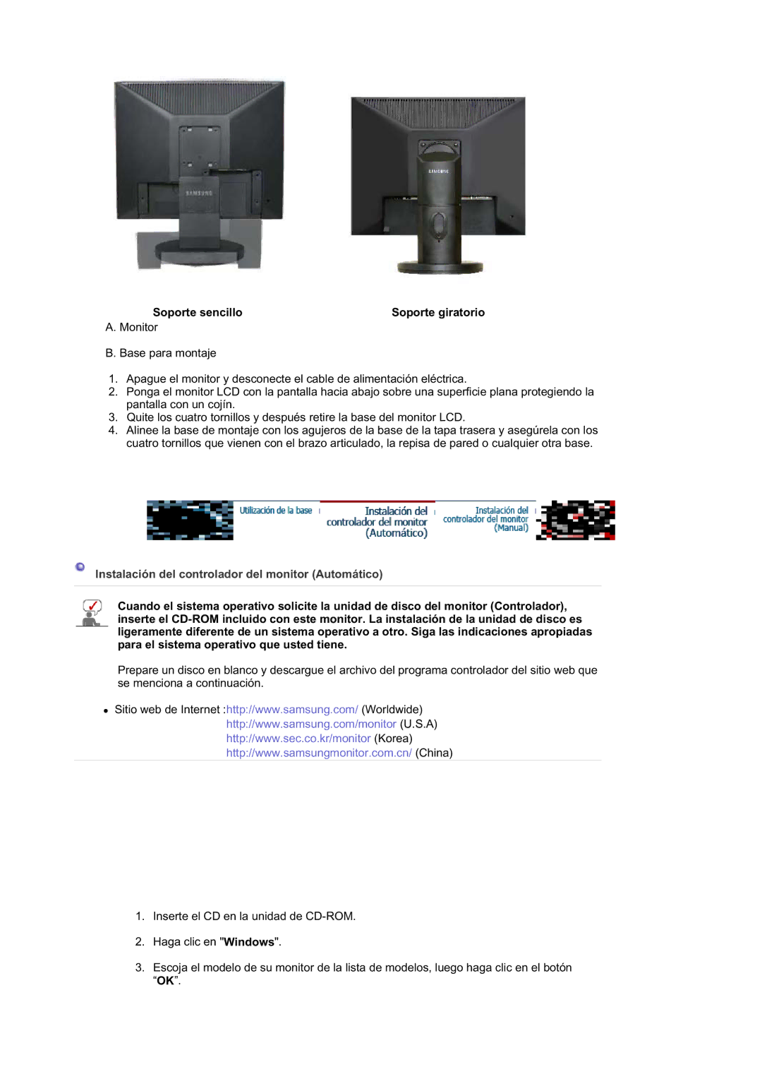 Samsung LS17HALKSB/EDC manual Soporte sencillo Soporte giratorio, Instalación del controlador del monitor Automático 