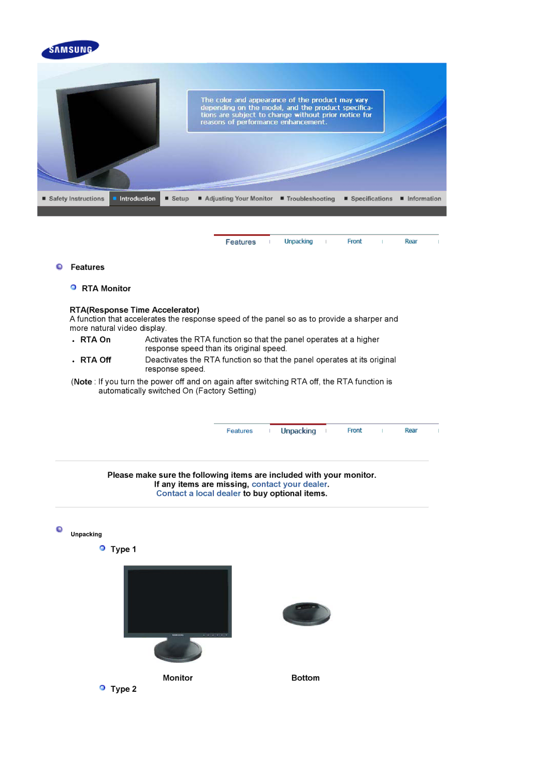 Samsung LS19HAWKSY/CLT manual Features RTA Monitor RTAResponse Time Accelerator, RTA On, RTA Off, Type MonitorBottom 