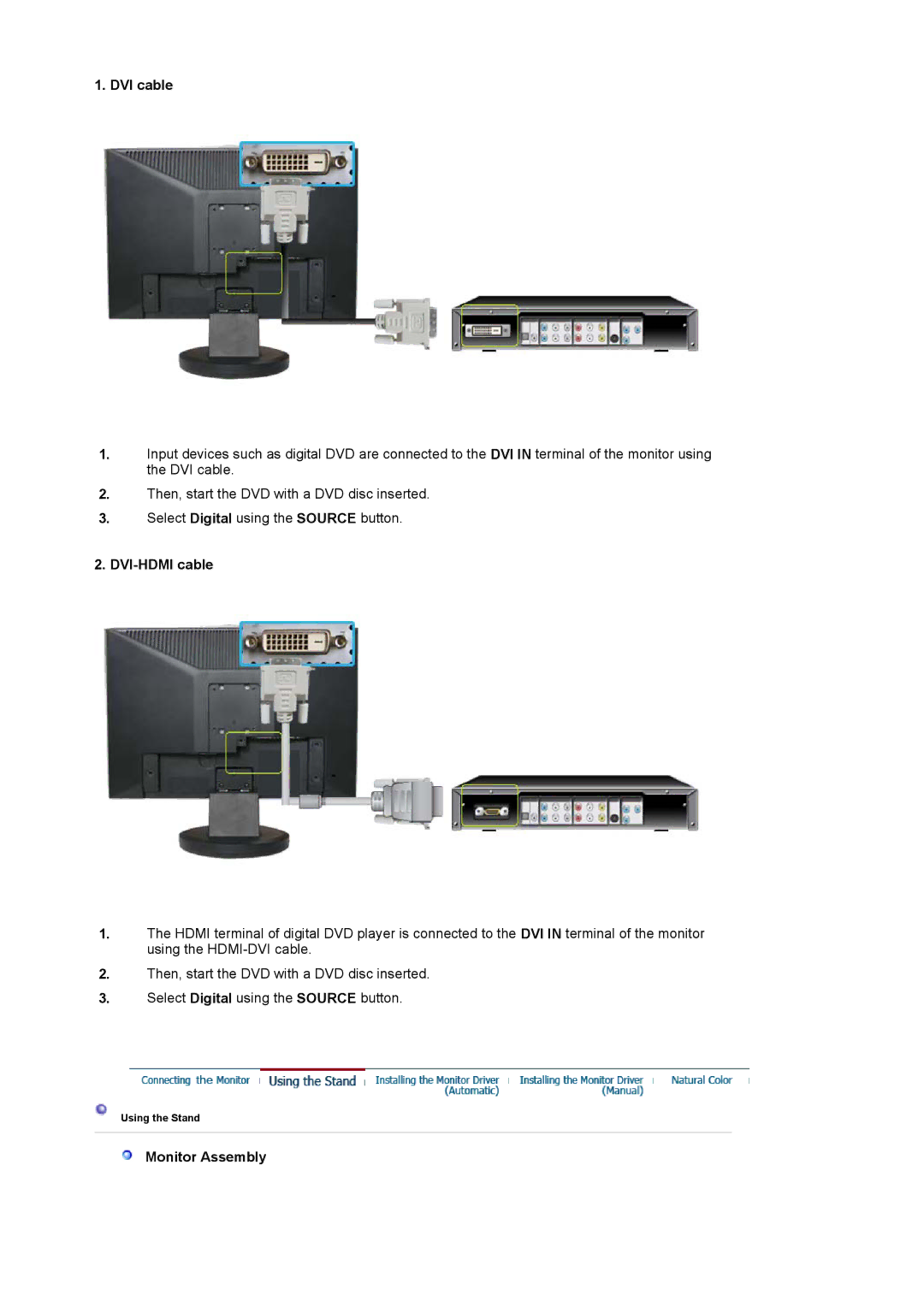 Samsung LS19HAWCSQ/EDC, LS19HAWCSH/EDC, LS19HAWCBQ/XSE, LS19HAWKSY/CLT manual DVI cable, DVI-HDMI cable, Monitor Assembly 