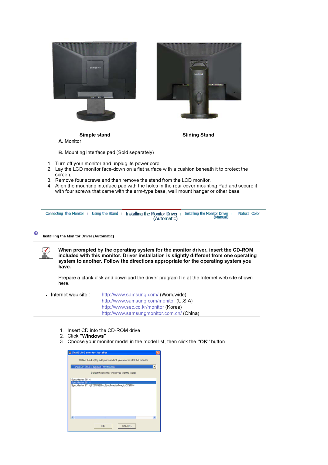 Samsung LS19HAWKSY/CLT, LS19HAWCSH/EDC, LS19HAWCSQ/EDC, LS19HAWCBQ/XSE manual Simple stand Sliding Stand, Click Windows 