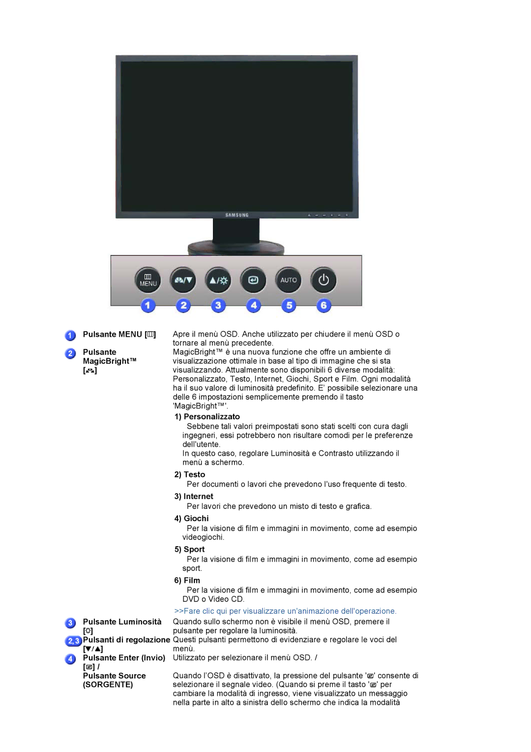 Samsung LS19HAWCSH/EDC Pulsante Menu, MagicBright, Personalizzato, Testo, Internet, Giochi, Sport, Film, Pulsante Source 