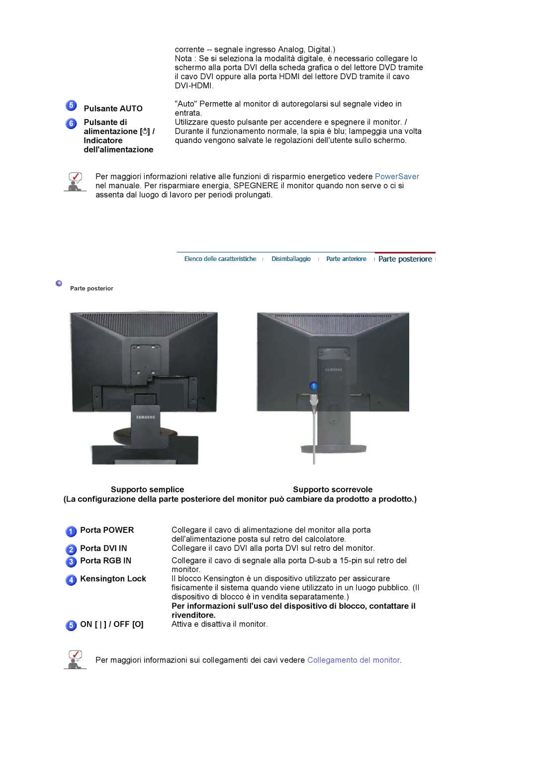 Samsung LS19HAWCSQ/EDC, LS19HAWCSH/EDC, LS19HAWCBQ/XSE manual Porta DVI, Porta RGB, Kensington Lock, Rivenditore, On / OFF O 