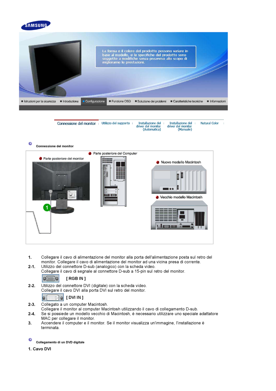 Samsung LS19HAWCBQ/XSE, LS19HAWCSH/EDC, LS19HAWCSQ/EDC, LS19HAWKSY/CLT manual Rgb, Dvi, Cavo DVI 