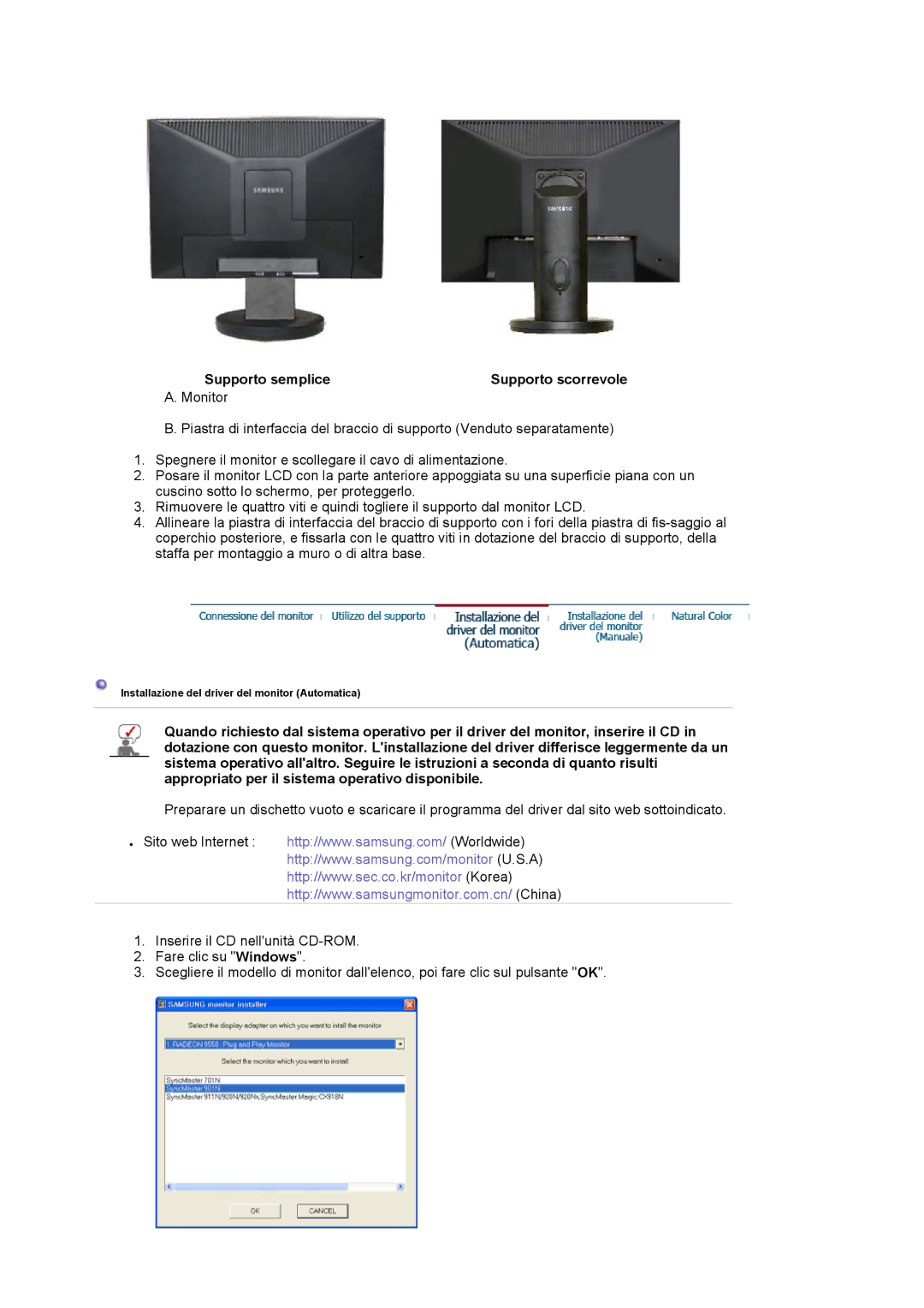 Samsung LS19HAWCSQ/EDC, LS19HAWCSH/EDC, LS19HAWCBQ/XSE, LS19HAWKSY/CLT manual Supporto semplice Supporto scorrevole 