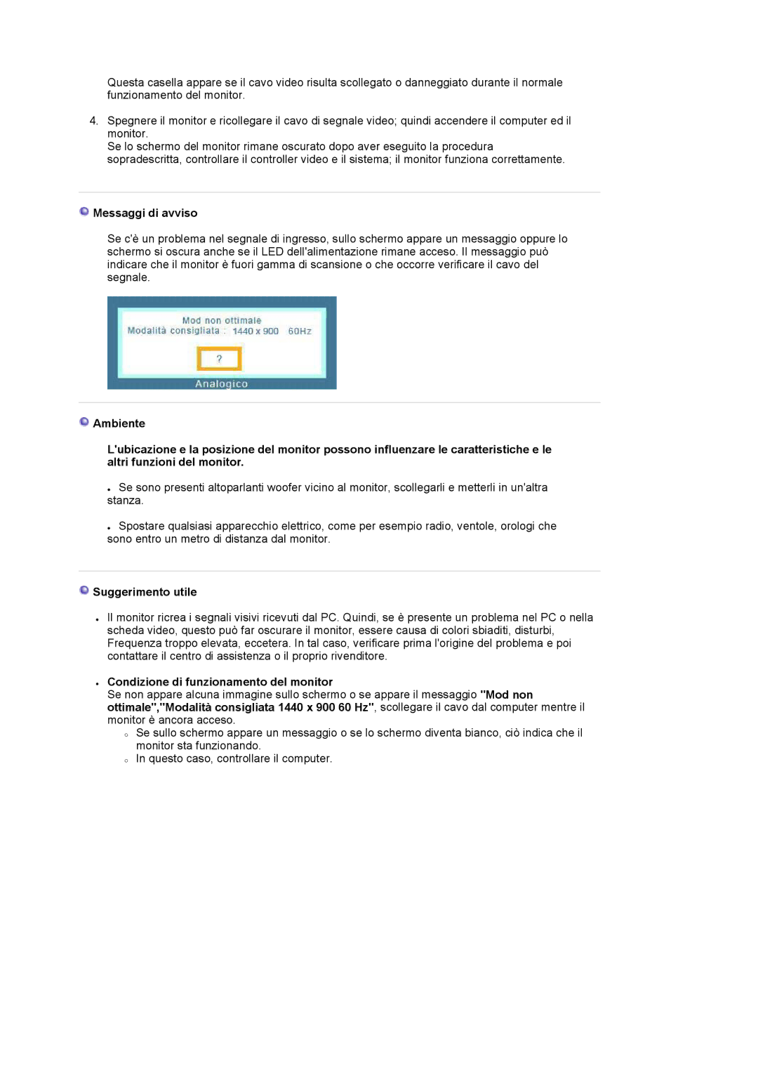 Samsung LS19HAWCSH/EDC, LS19HAWCSQ/EDC Messaggi di avviso, Suggerimento utile, Condizione di funzionamento del monitor 