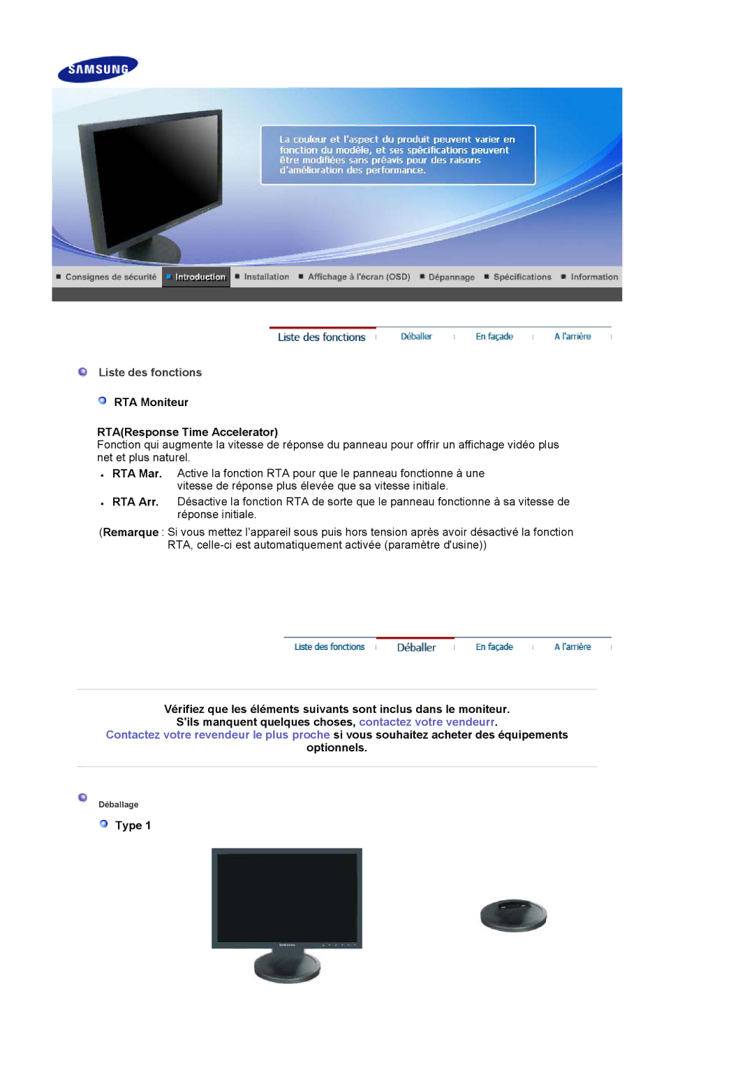 Samsung LS19HAWCSH/EDC, LS19HAWCSQ/EDC manual RTA Moniteur RTAResponse Time Accelerator, Optionnels, Type 