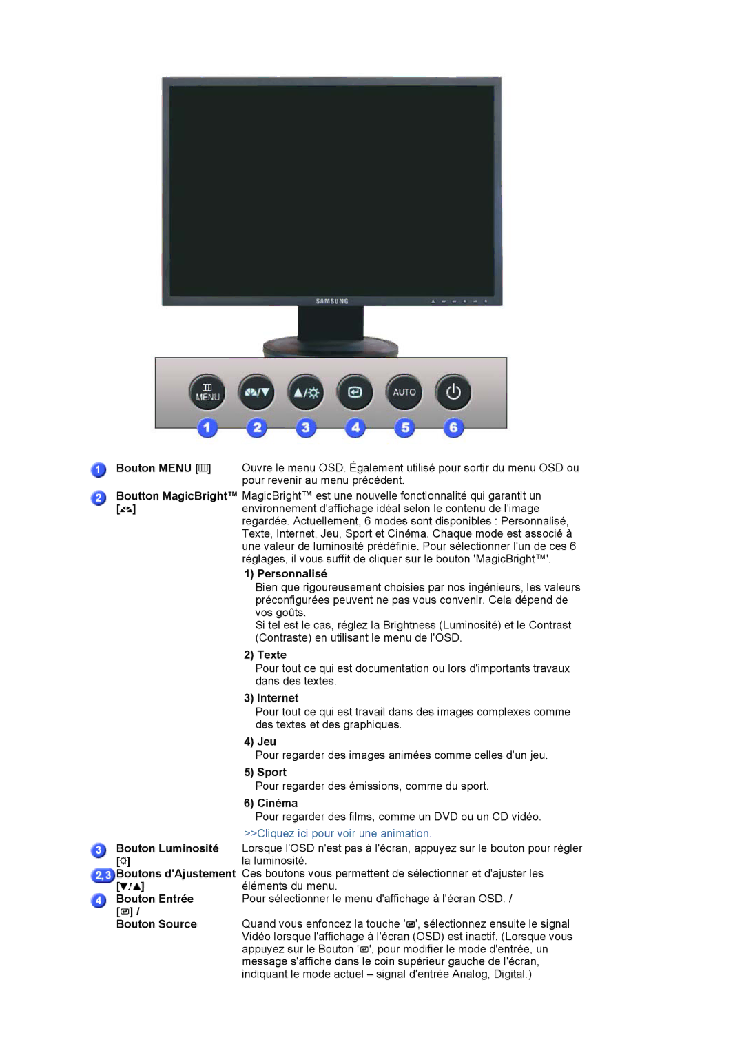 Samsung LS19HAWCSH/EDC manual Personnalisé, Texte, Internet, Jeu, Sport, Cinéma, Bouton Luminosité, Boutons dAjustement 