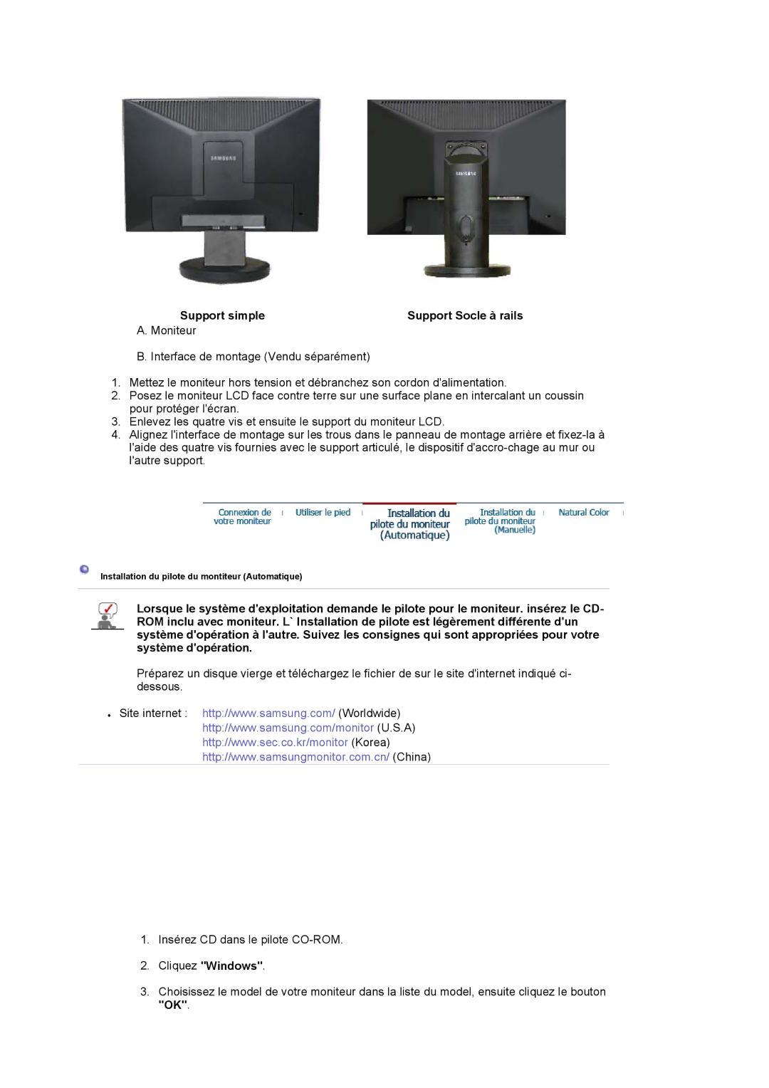 Samsung LS19HAWCSQ/EDC, LS19HAWCSH/EDC manual Support simple Support Socle à rails 