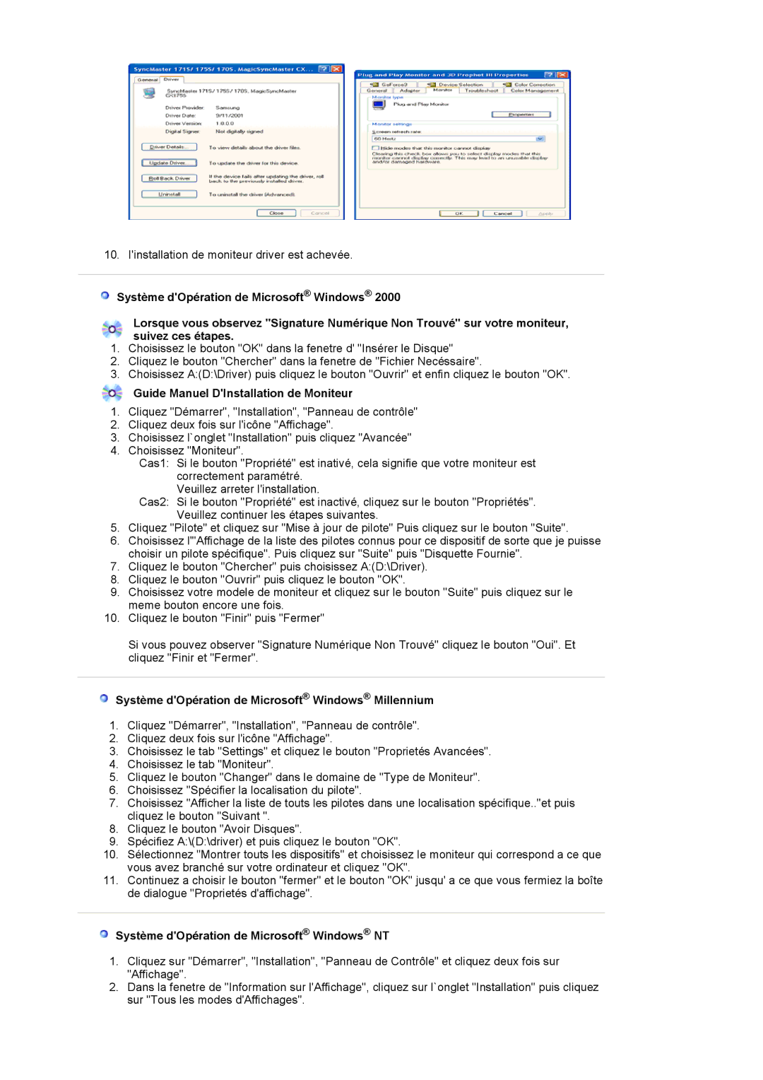 Samsung LS19HAWCSQ/EDC manual Guide Manuel DInstallation de Moniteur, Système dOpération de Microsoft Windows Millennium 