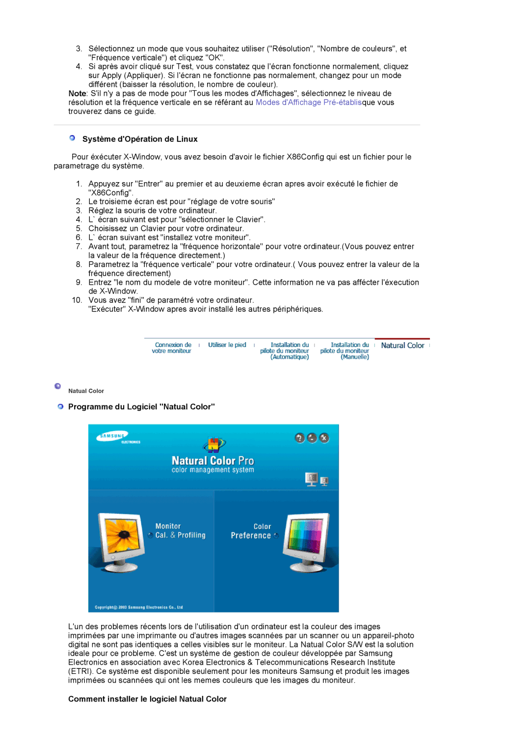 Samsung LS19HAWCSH/EDC, LS19HAWCSQ/EDC manual Système dOpération de Linux, Programme du Logiciel Natual Color 