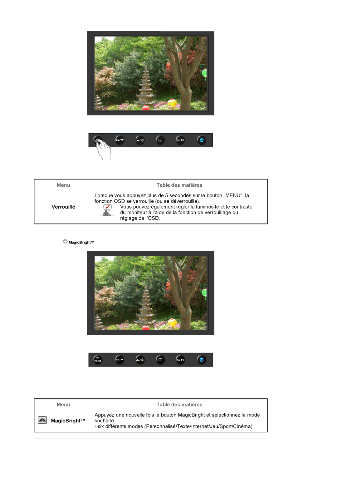 Samsung LS19HAWCSH/EDC, LS19HAWCSQ/EDC manual Menu Table des matières, MagicBright 