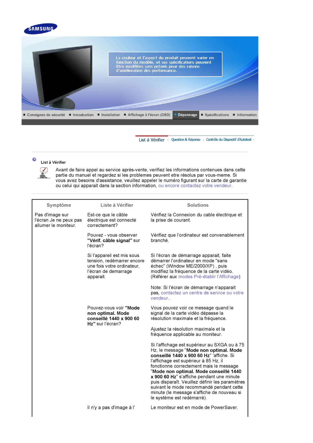 Samsung LS19HAWCSH/EDC, LS19HAWCSQ/EDC manual Symptôme Liste à Vérifier Solutions 