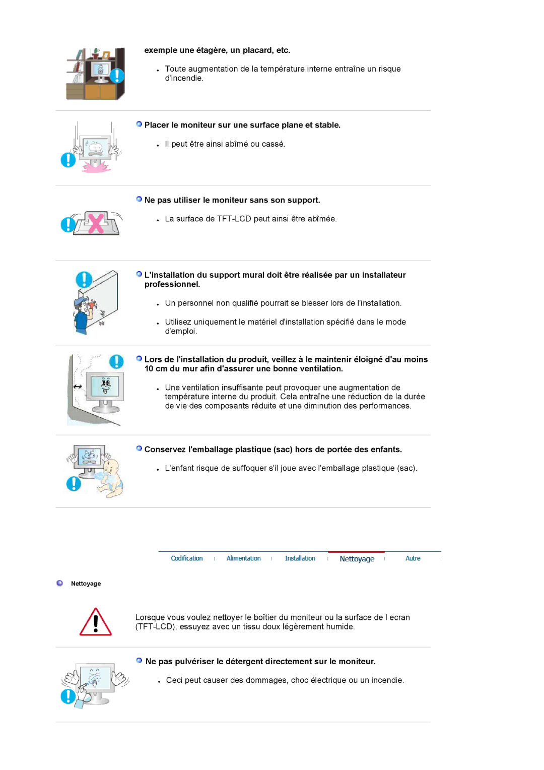 Samsung LS19HAWCSQ/EDC manual Exemple une étagère, un placard, etc, Placer le moniteur sur une surface plane et stable 