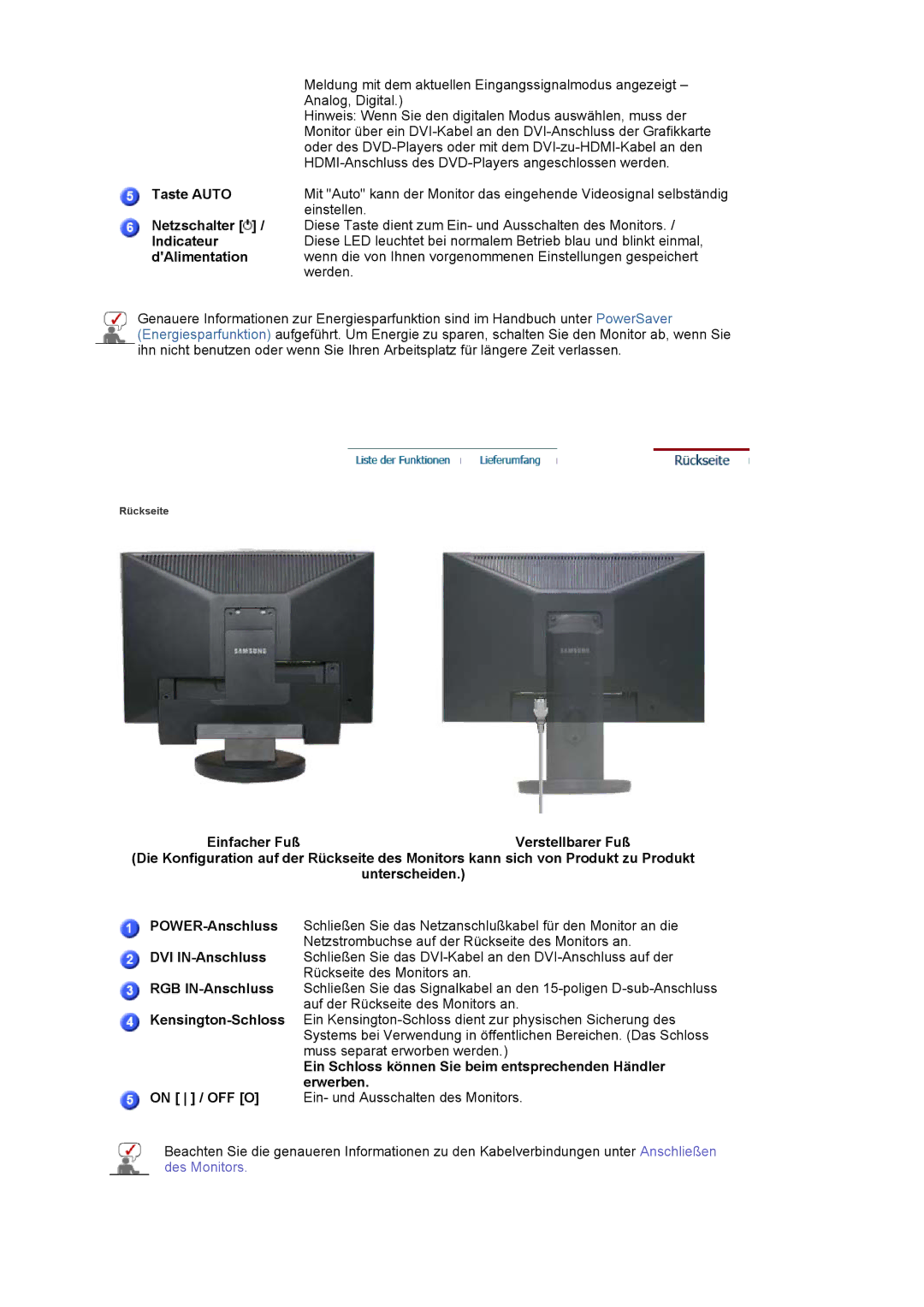 Samsung LS19HAWCSQ/EDC, LS19HAWCSH/EDC manual Taste Auto, Netzschalter, Indicateur, DAlimentation 