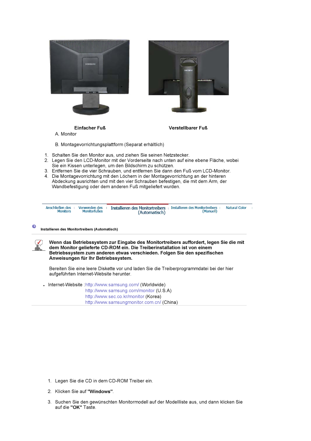 Samsung LS19HAWCSQ/EDC, LS19HAWCSH/EDC manual Einfacher Fuß Verstellbarer Fuß 