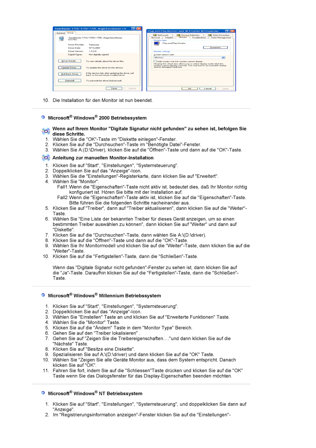 Samsung LS19HAWCSQ/EDC manual Anleitung zur manuellen Monitor-Installation, Microsoft Windows Millennium Betriebssystem 