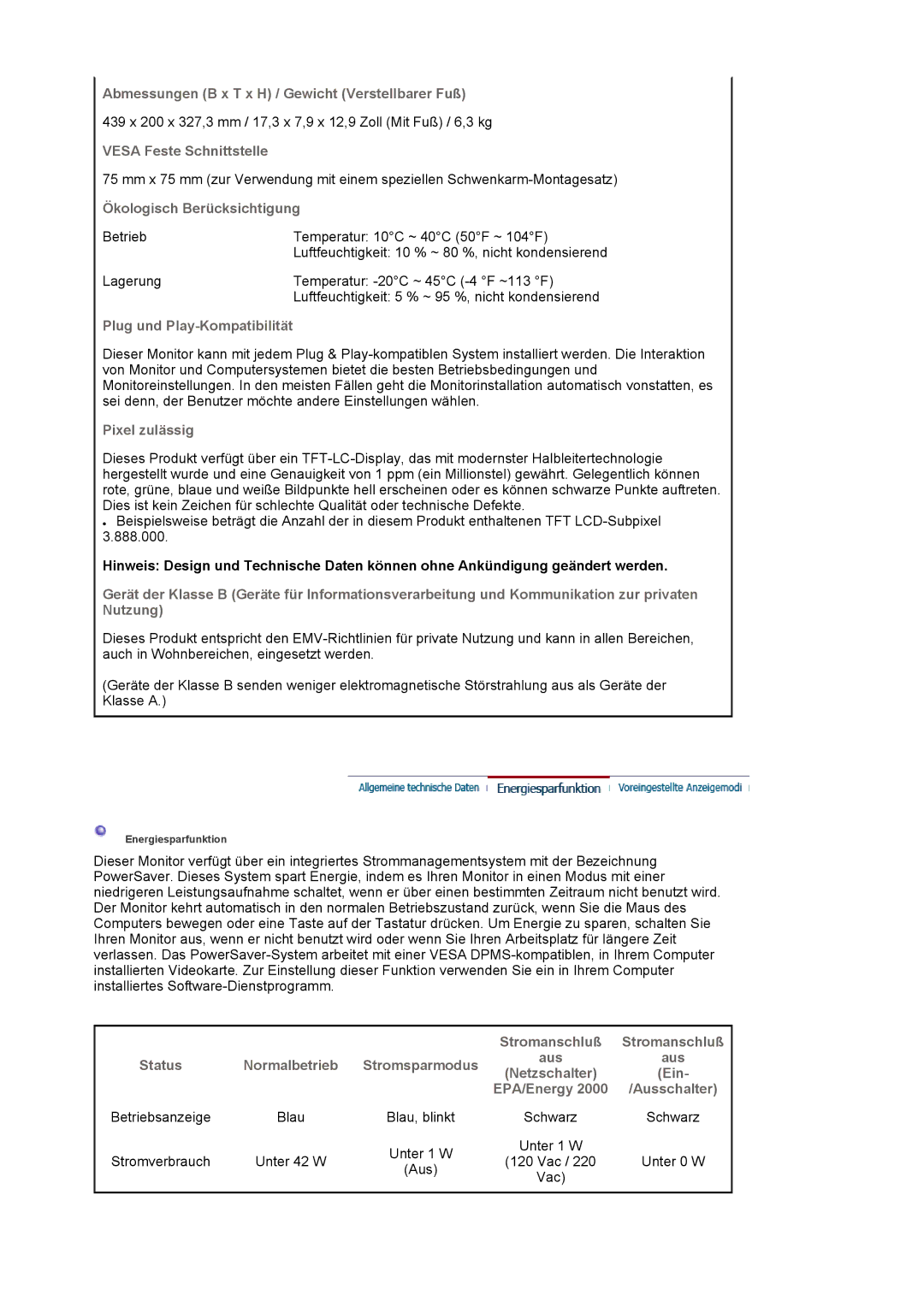 Samsung LS19HAWCSQ/EDC Abmessungen B x T x H / Gewicht Verstellbarer Fuß, Vesa Feste Schnittstelle, Pixel zulässig, Aus 