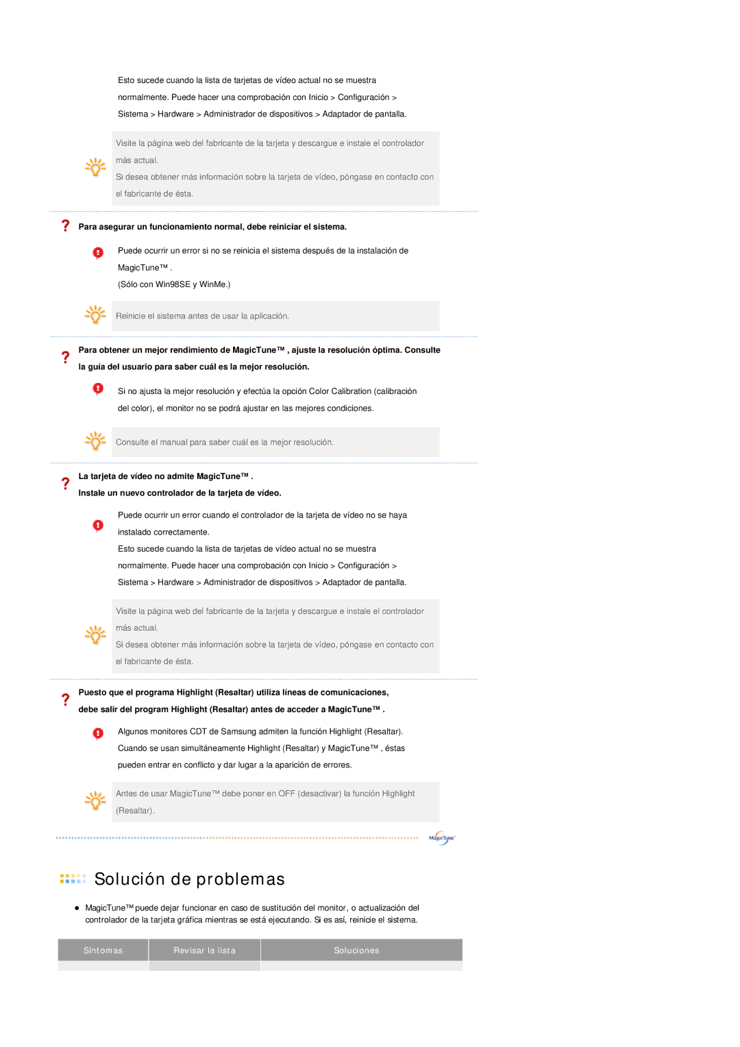Samsung LS19HAWCSH/EDC, LS19HAWCSQ/EDC manual Síntomas Revisar la lista Soluciones 
