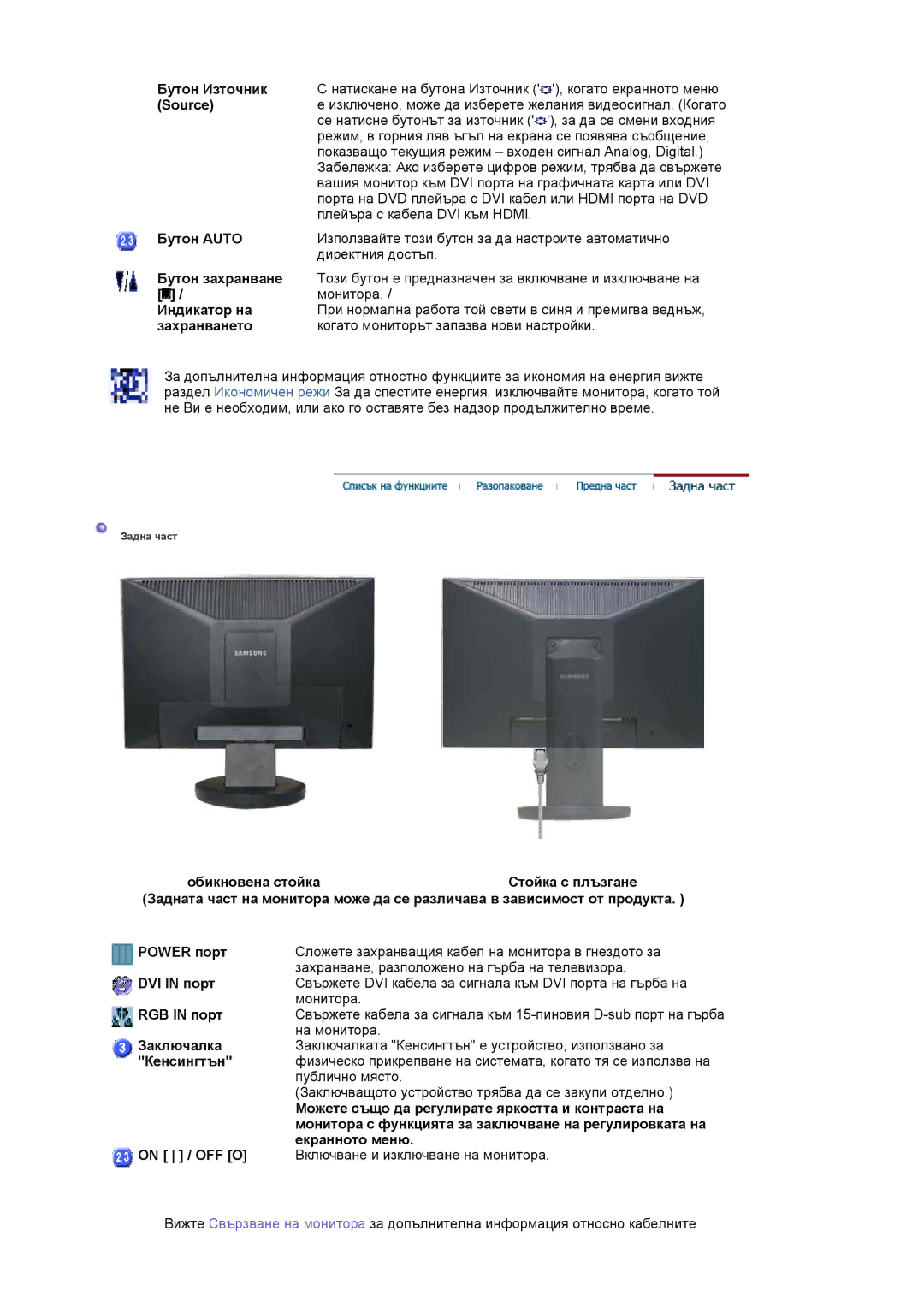 Samsung LS19HAWCSQ/EDC, LS19HAWCSH/EDC Бутон Източник, Source, Бутон Auto, Бутон захранване, Индикатор на, Захранването 