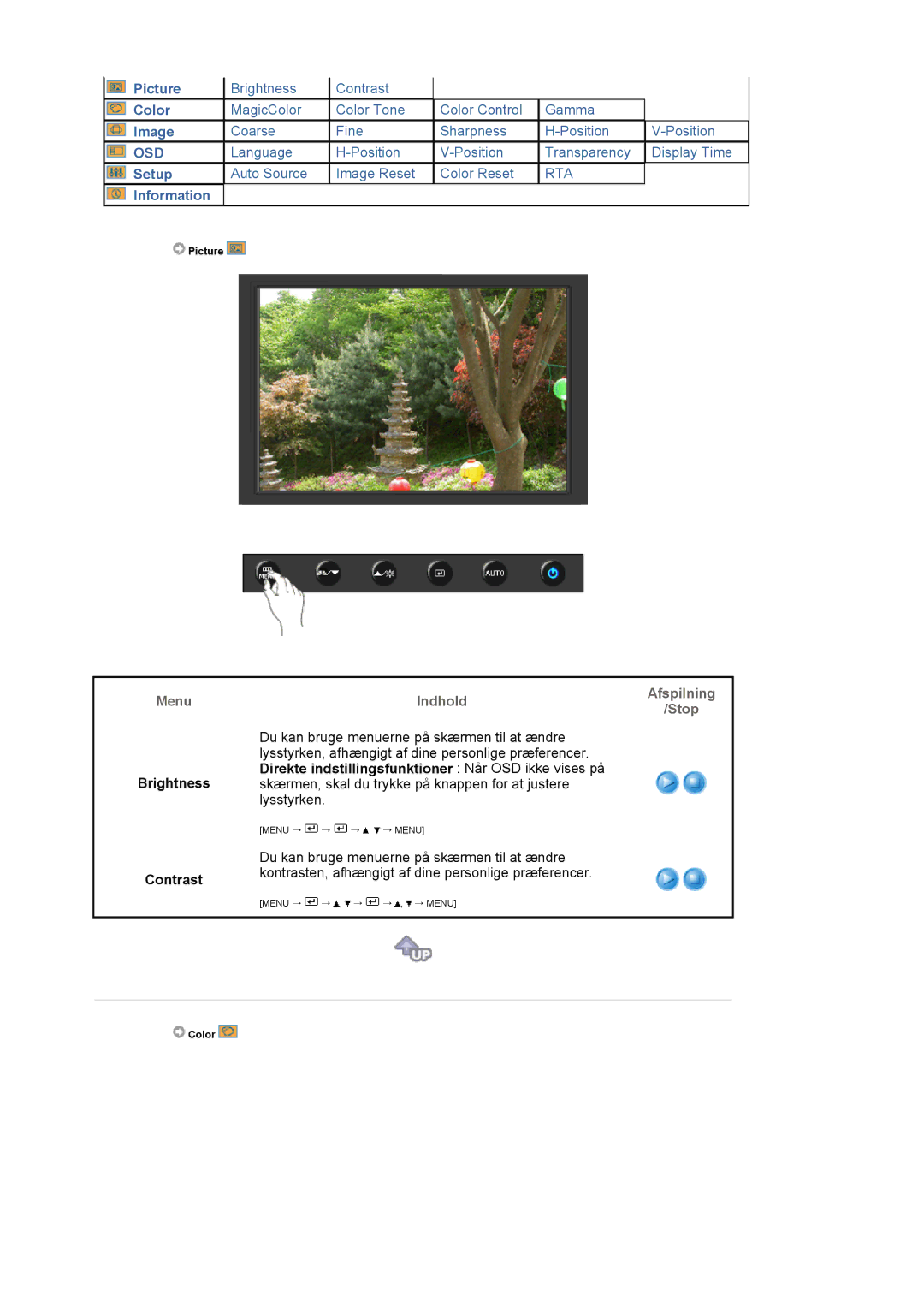 Samsung LS19HAWCSQ/EDC, LS19HAWCSH/EDC manual Brightness Contrast, Afspilning Stop 