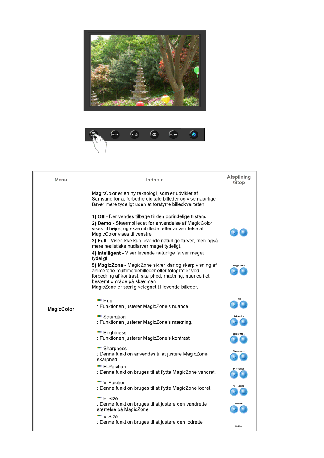 Samsung LS19HAWCSH/EDC, LS19HAWCSQ/EDC manual Menu Indhold Afspilning Stop, MagicColor 