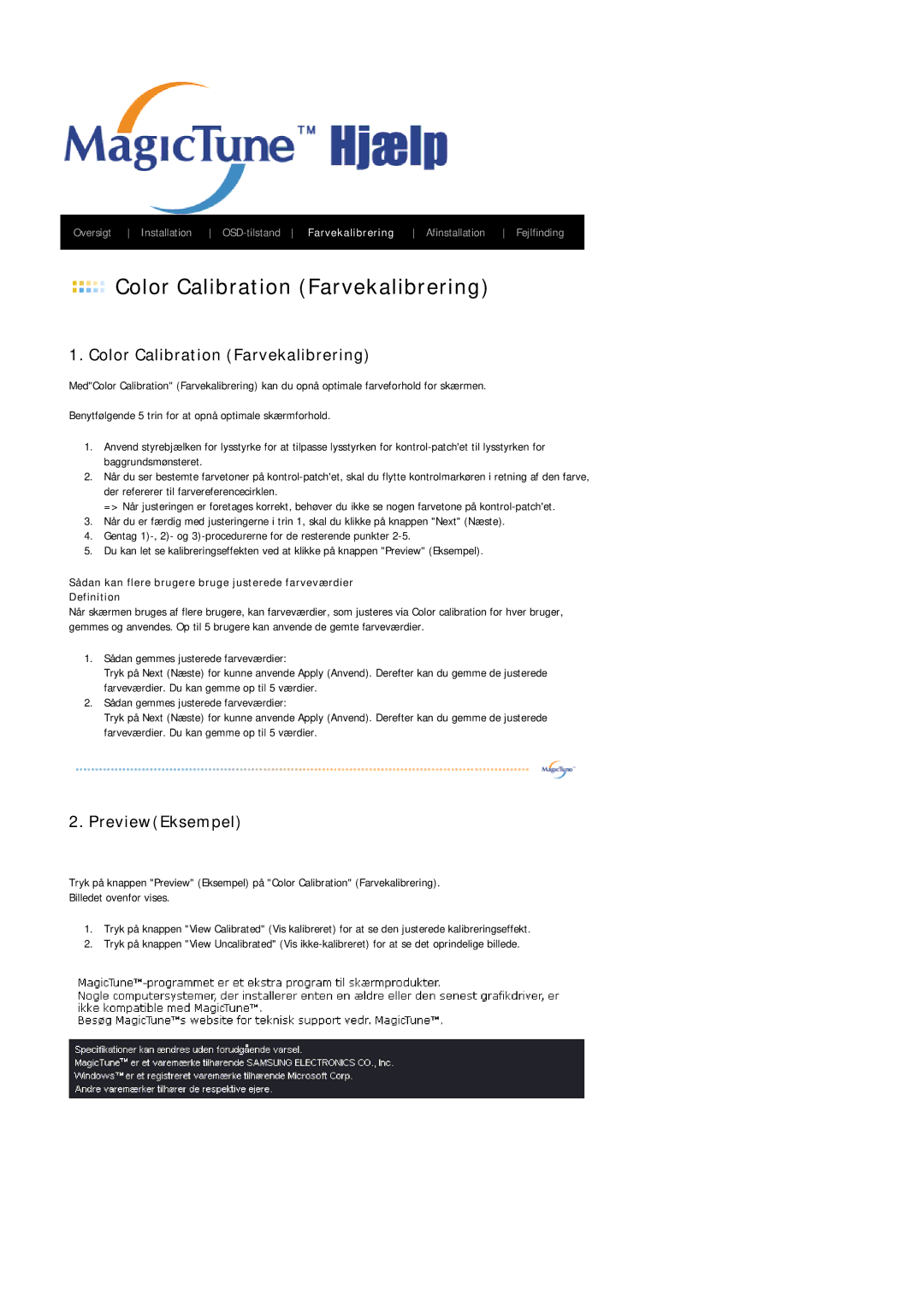 Samsung LS19HAWCSQ/EDC, LS19HAWCSH/EDC manual Color Calibration Farvekalibrering 