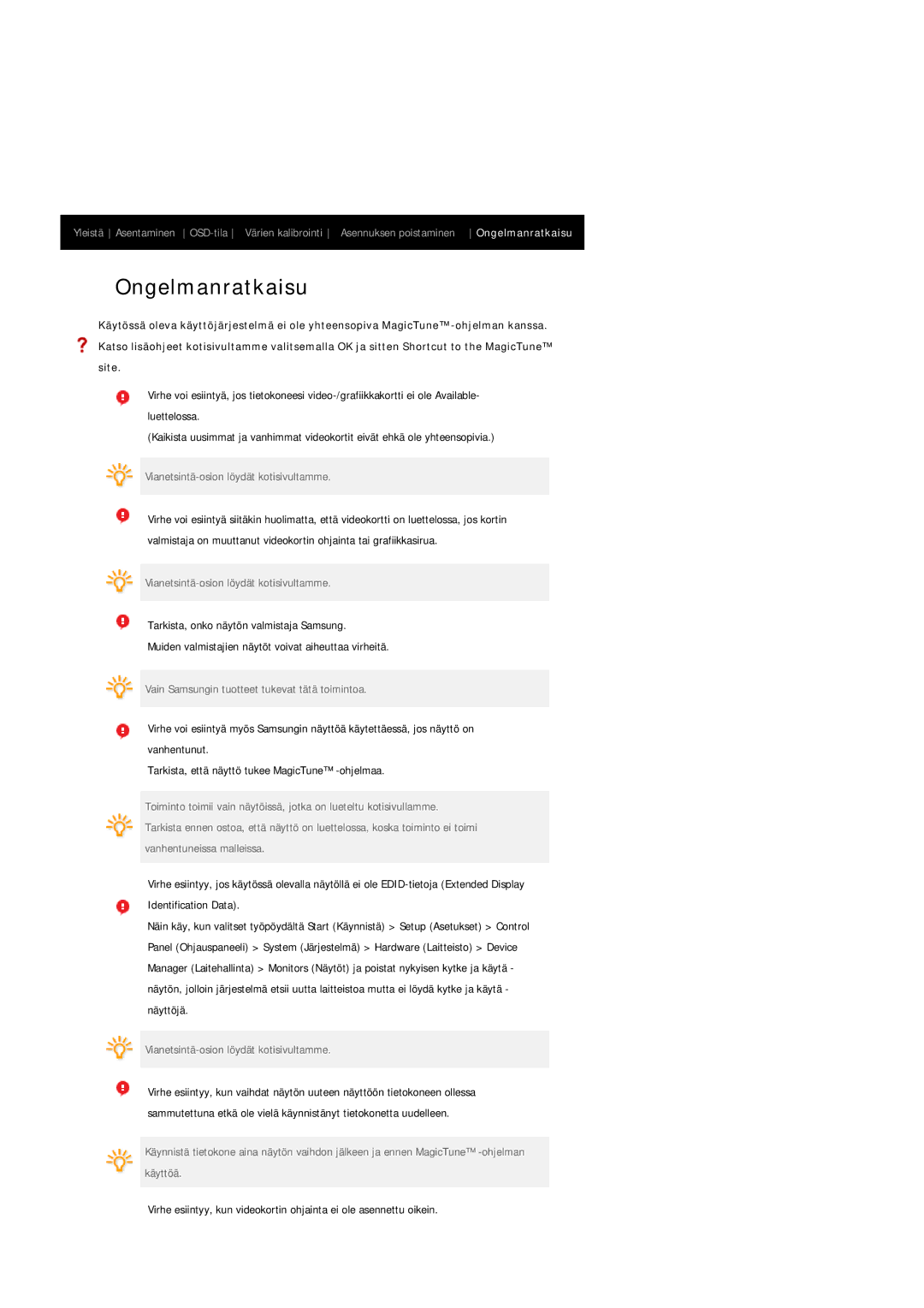 Samsung LS19HAWCSQ/EDC, LS19HAWCSH/EDC manual Ongelmanratkaisu 