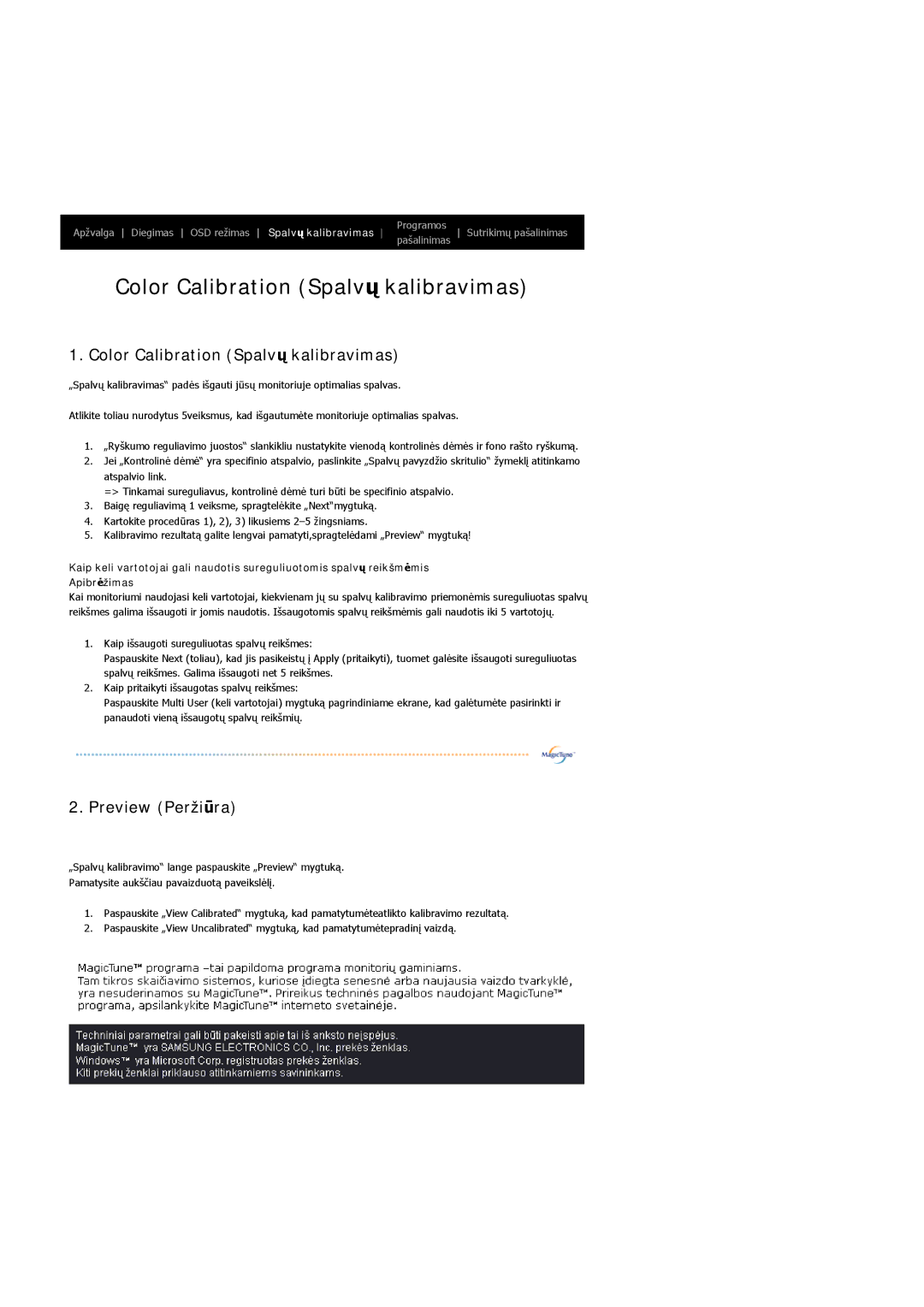 Samsung LS19HAWCSQ/EDC, LS19HAWCSH/EDC manual Color Calibration Spalvų kalibravimas 