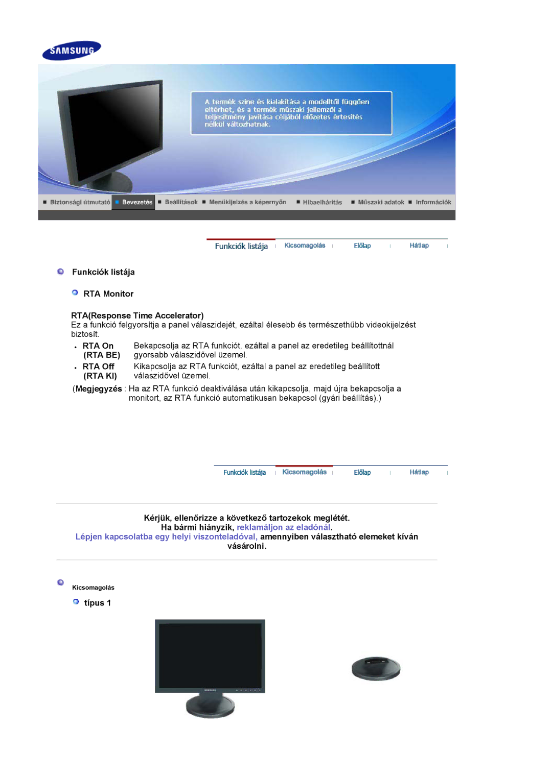 Samsung LS19HAWCSH/EDC, LS19HAWCSQ/EDC manual Funkciók listája RTA Monitor RTAResponse Time Accelerator, Vásárolni, Típus 