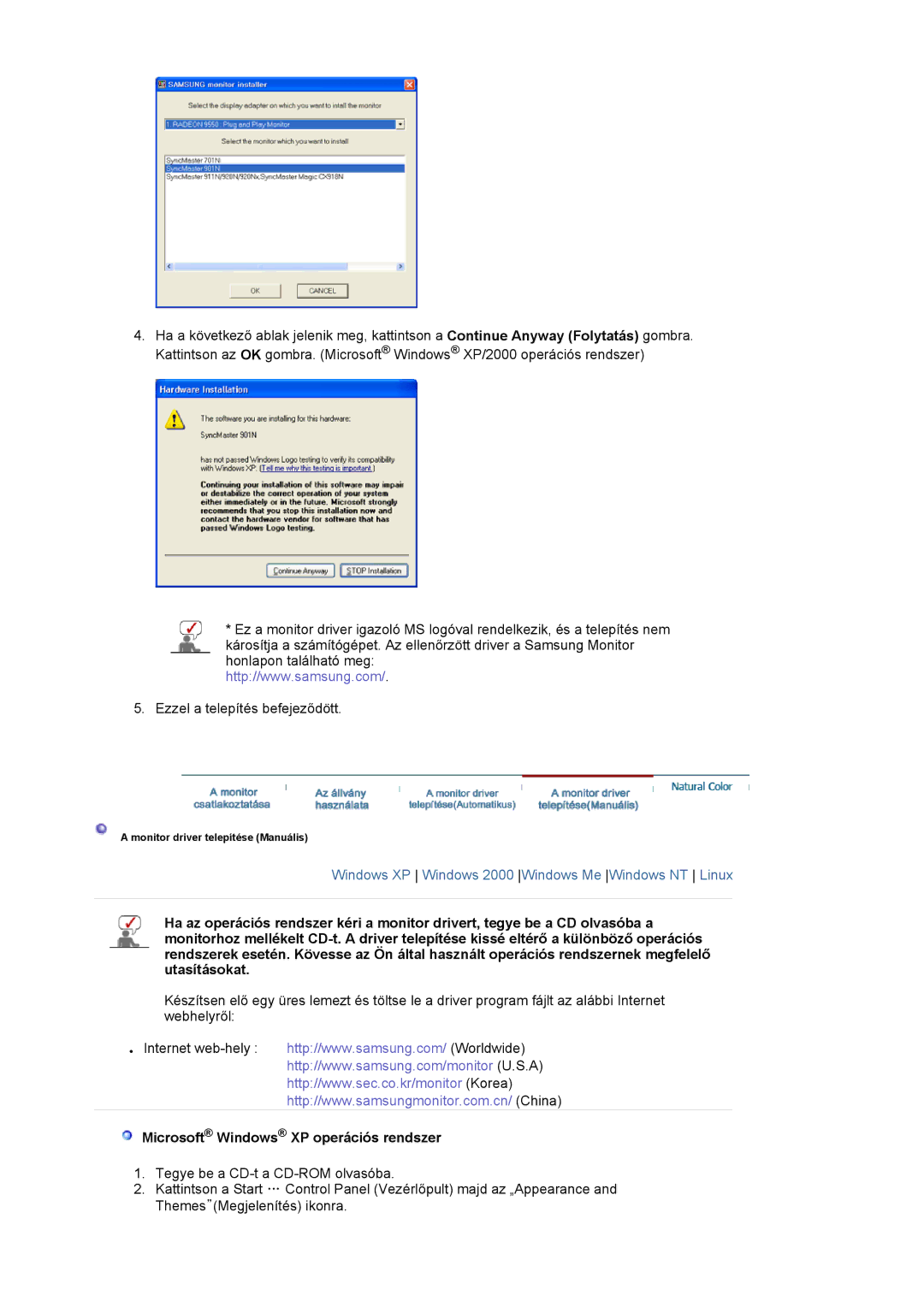 Samsung LS19HAWCSH/EDC, LS19HAWCSQ/EDC manual Microsoft Windows XP operációs rendszer 