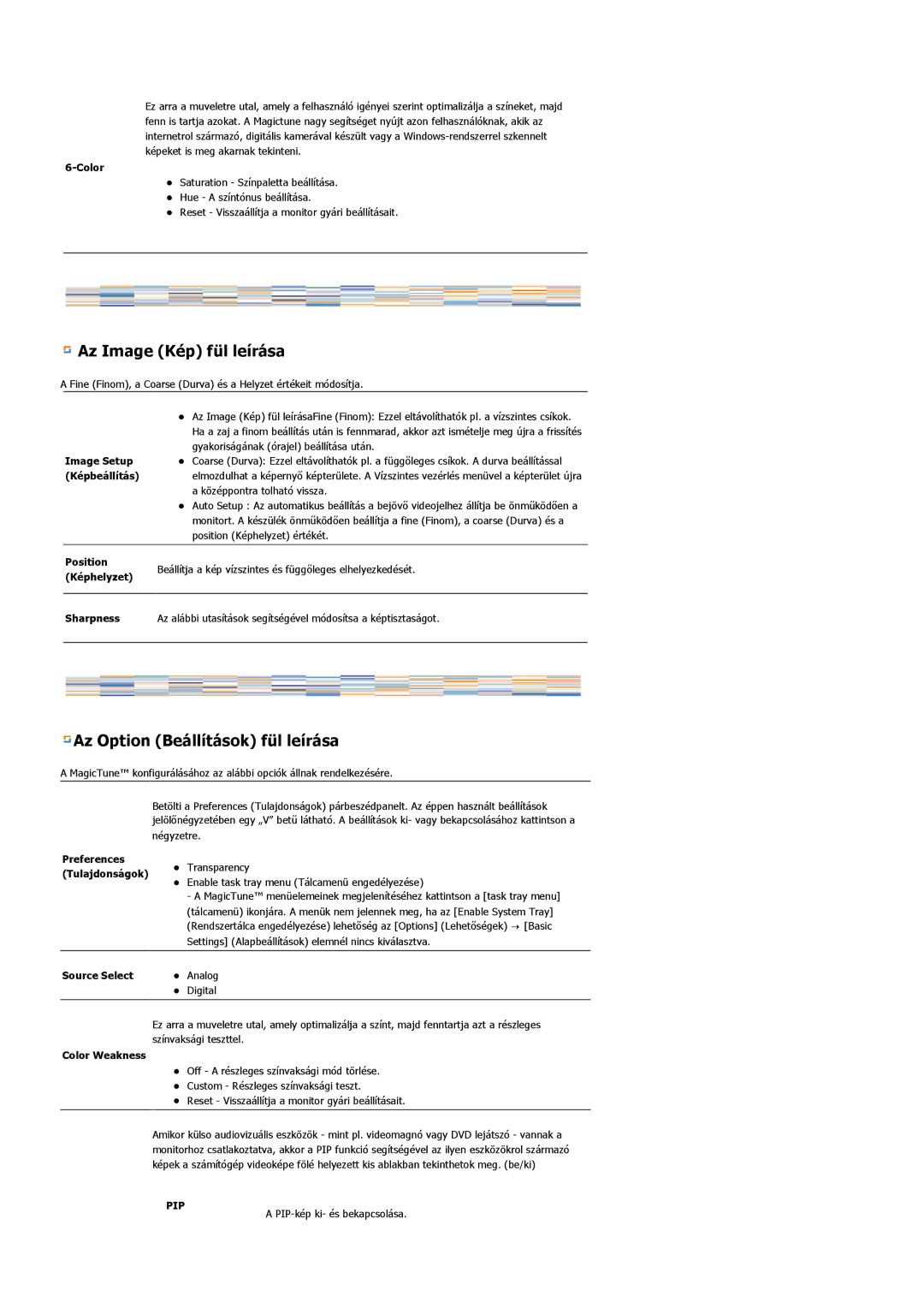 Samsung LS19HAWCSH/EDC manual Image Setup, Képbeállítás, Position, Képhelyzet, Sharpness, Source Select, Color Weakness 