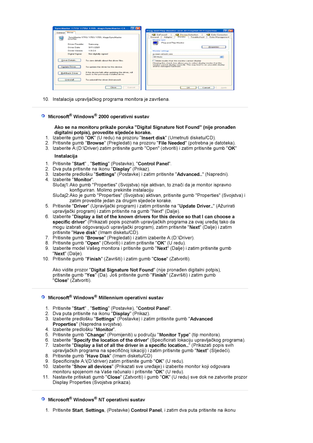 Samsung LS19HAWCSQ/EDC Instalacija, Microsoft Windows Millennium operativni sustav, Microsoft Windows NT operativni sustav 