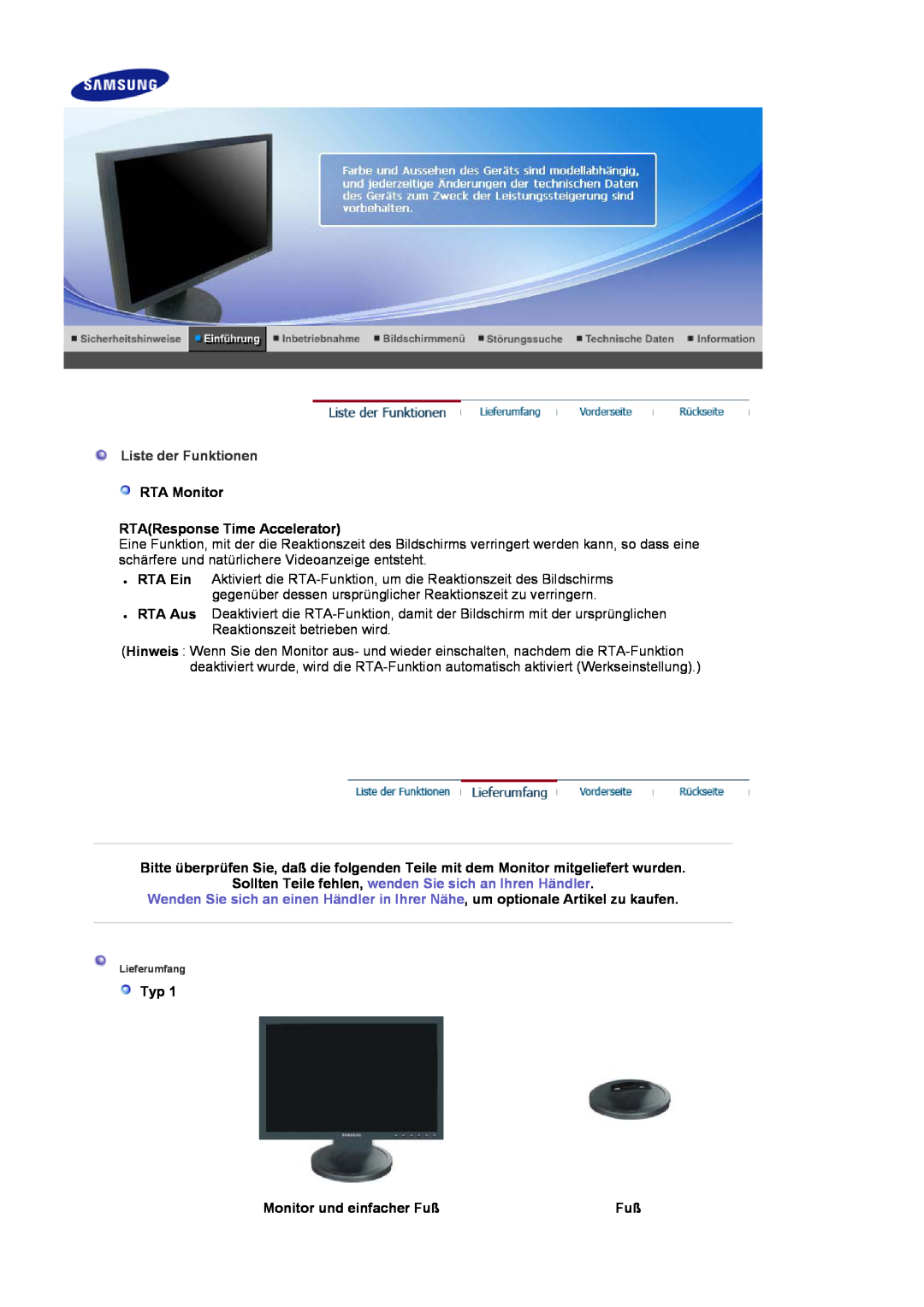 Samsung LS19HAWCSH/EDC manual RTA Monitor RTAResponse Time Accelerator, Monitor und einfacher Fuß, Liste der Funktionen 