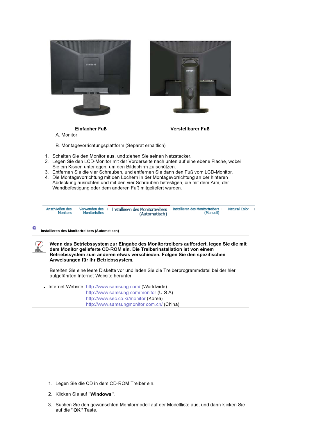 Samsung LS19HAWCSQ/EDC Einfacher Fuß, Verstellbarer Fuß, A. Monitor B. Montagevorrichtungsplattform Separat erhältlich 