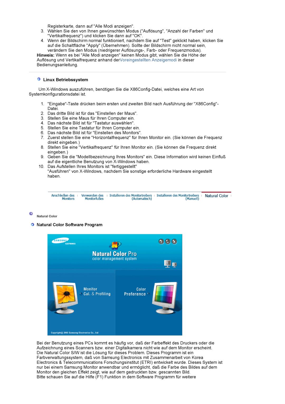 Samsung LS19HAWCSH/EDC, LS19HAWCSQ/EDC manual Linux Betriebssystem, Natural Color Software Program 