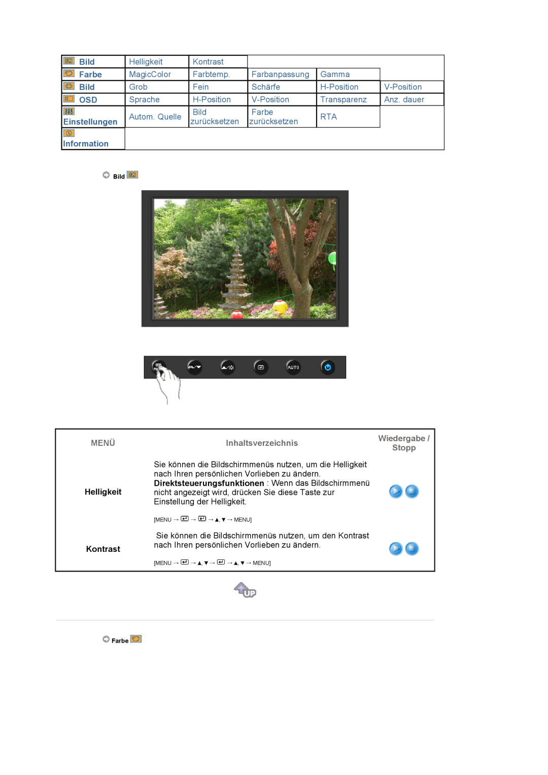 Samsung LS19HAWCSH/EDC, LS19HAWCSQ/EDC manual Helligkeit Kontrast, Bild, Farbe, Einstellungen, Information 