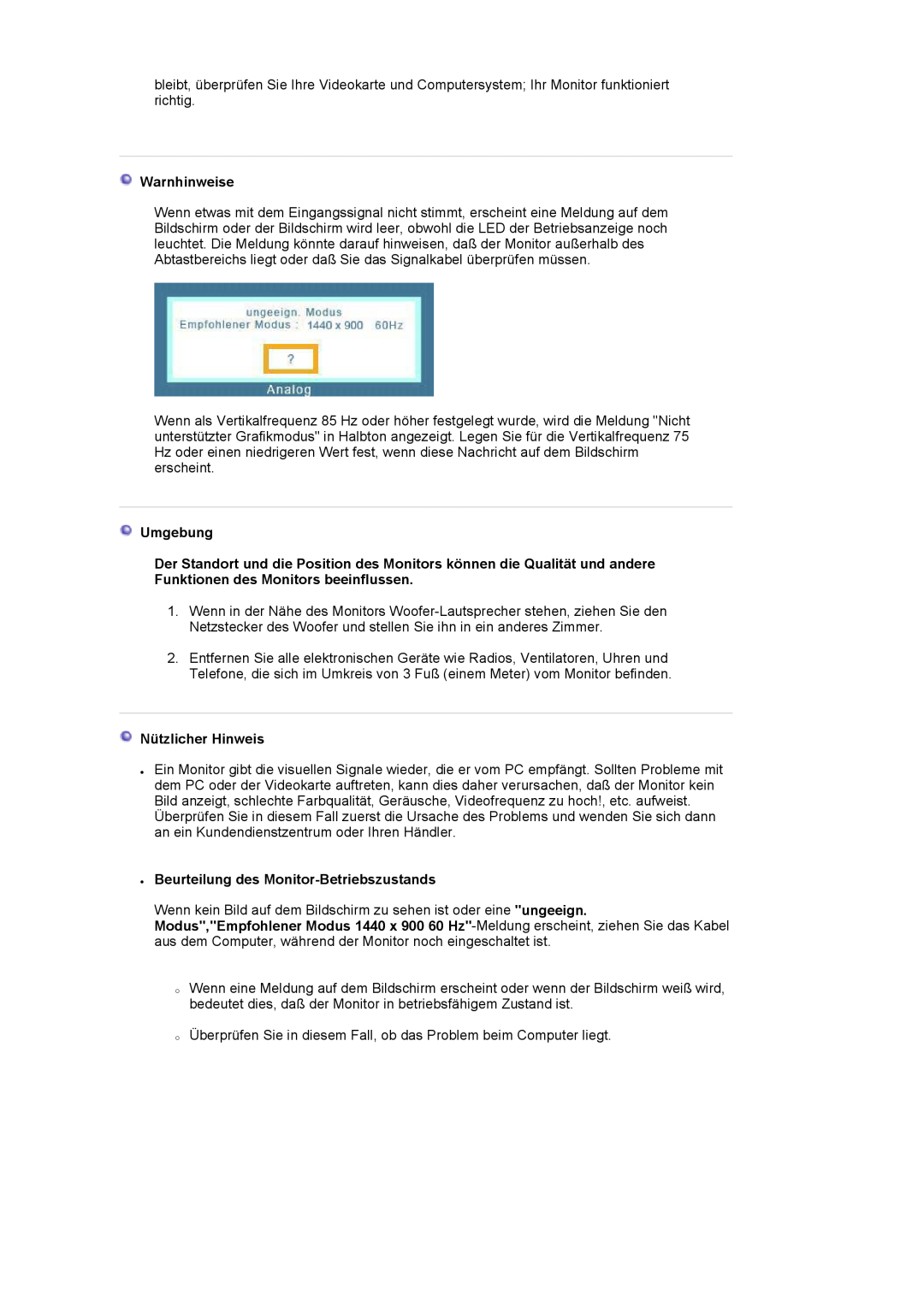 Samsung LS19HAWCSQ/EDC manual Warnhinweise, Umgebung, Nützlicher Hinweis, z Beurteilung des Monitor-Betriebszustands 