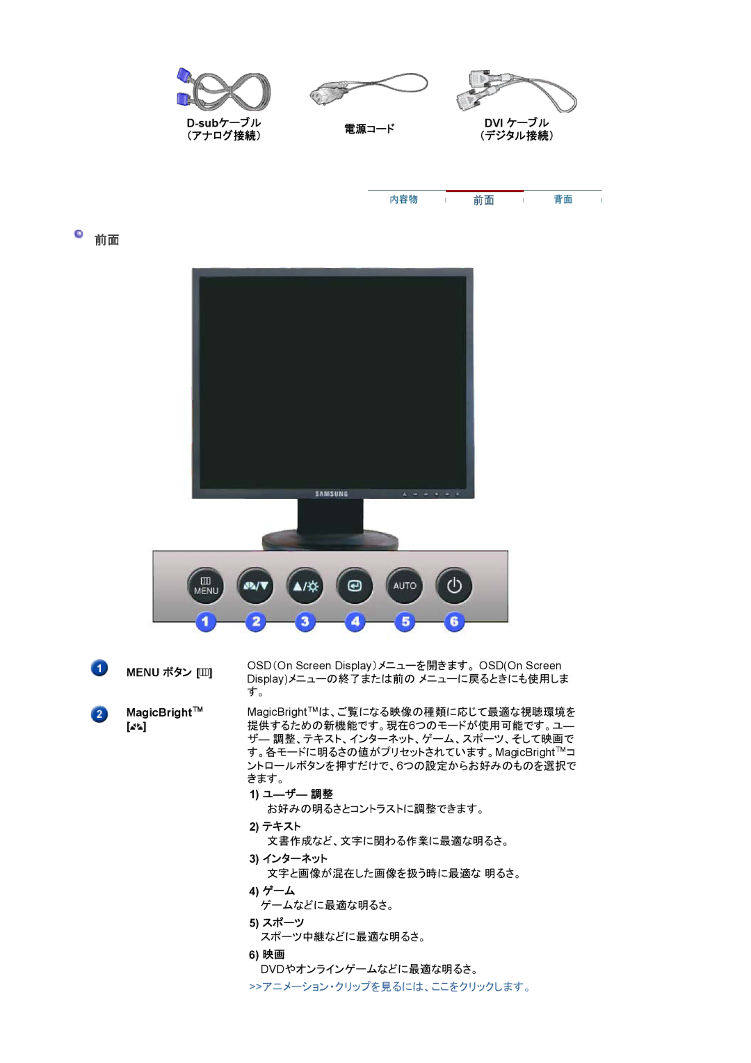 Samsung LS17HAXKNH/XSJ, LS19HAXKBH/XSJ, LS17HAXKBV/XSJ, LS17HAXKNV/XSJ 電源コード, （アナログ接続）, ―ザ― 調整, テキスト, インターネット, ゲーム, スポーツ 