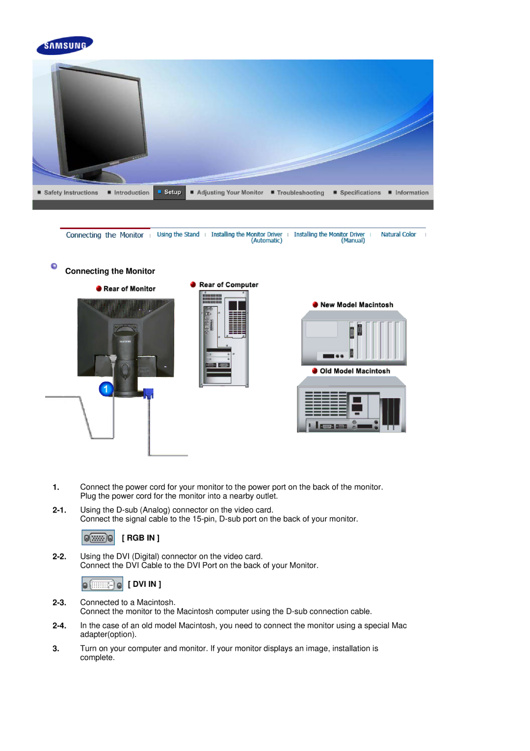 Samsung LS17HAXKNH/XSJ, LS19HAXKBH/XSJ, LS17HAXKBV/XSJ, LS17HAXKNV/XSJ, LS19HAXKNH/XSJ manual Connecting the Monitor, Rgb, Dvi 