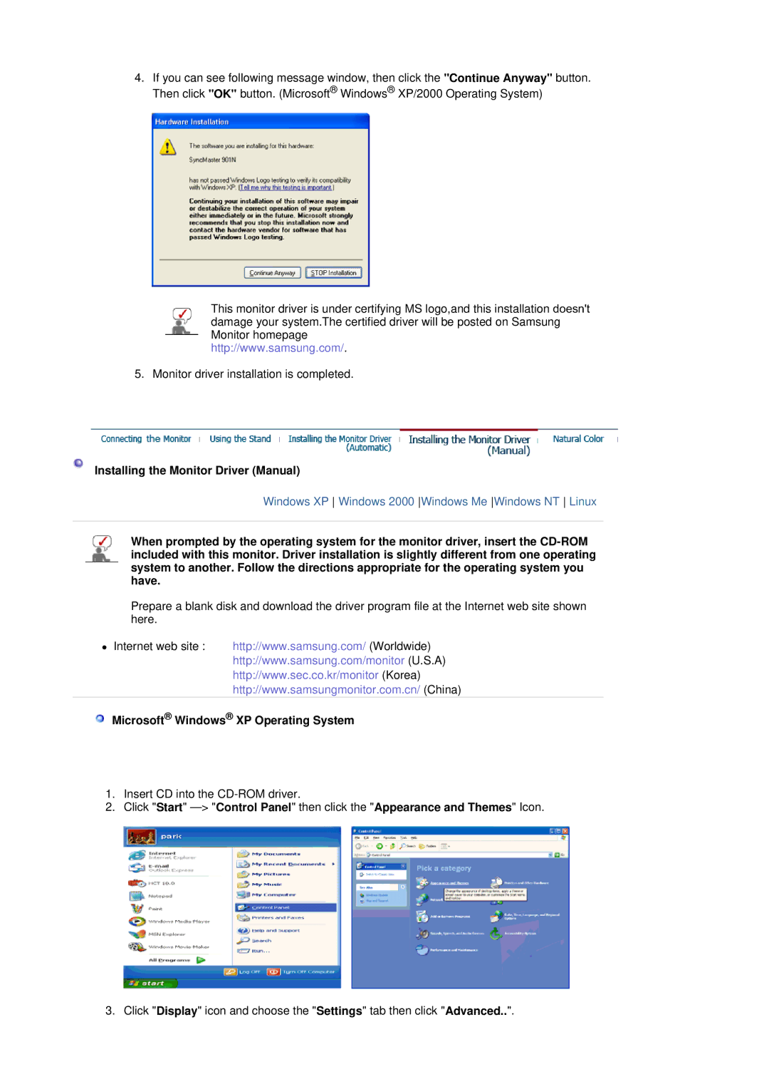 Samsung LS17HAXKBH/XSJ, LS19HAXKBH/XSJ manual Installing the Monitor Driver Manual, Microsoft Windows XP Operating System 