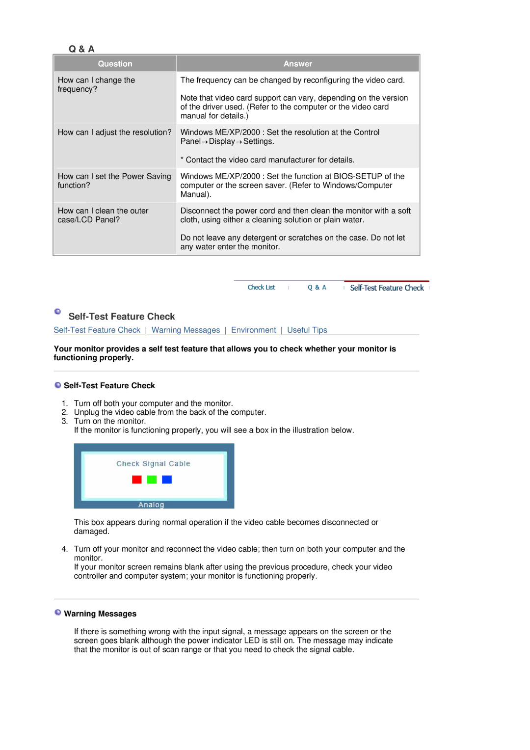 Samsung LS17HAXKBH/XSJ, LS19HAXKBH/XSJ, LS17HAXKBV/XSJ, LS17HAXKNV/XSJ manual Self-Test Feature Check, Question, Answer 